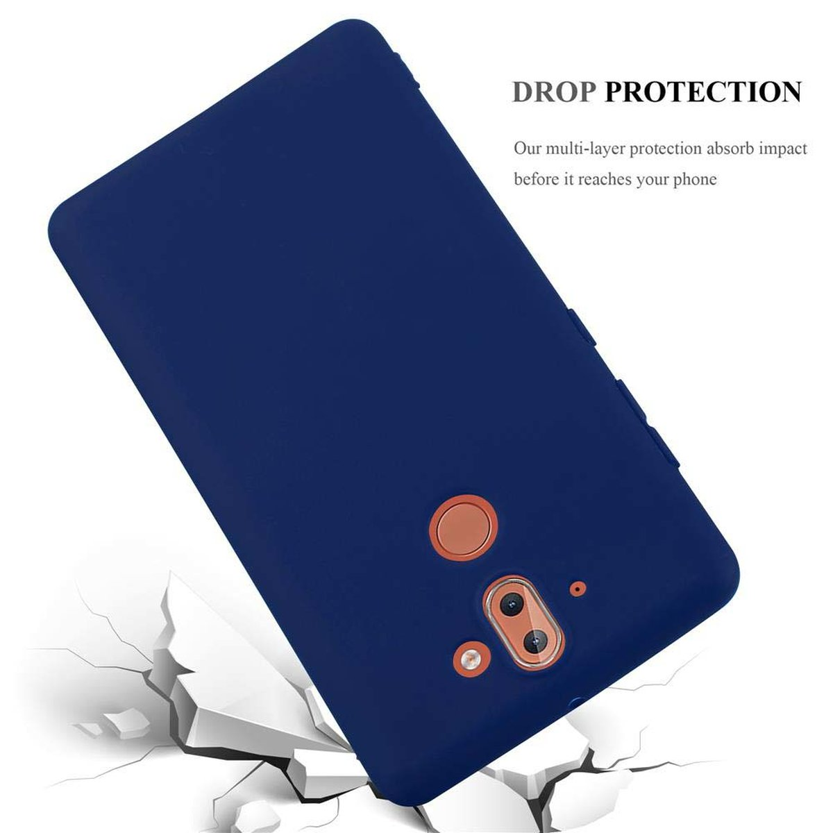 Custodia per telefono blu con la scritta 'DROP PROTECTION'. La custodia è angolata, con crepe nel pavimento sottostante.