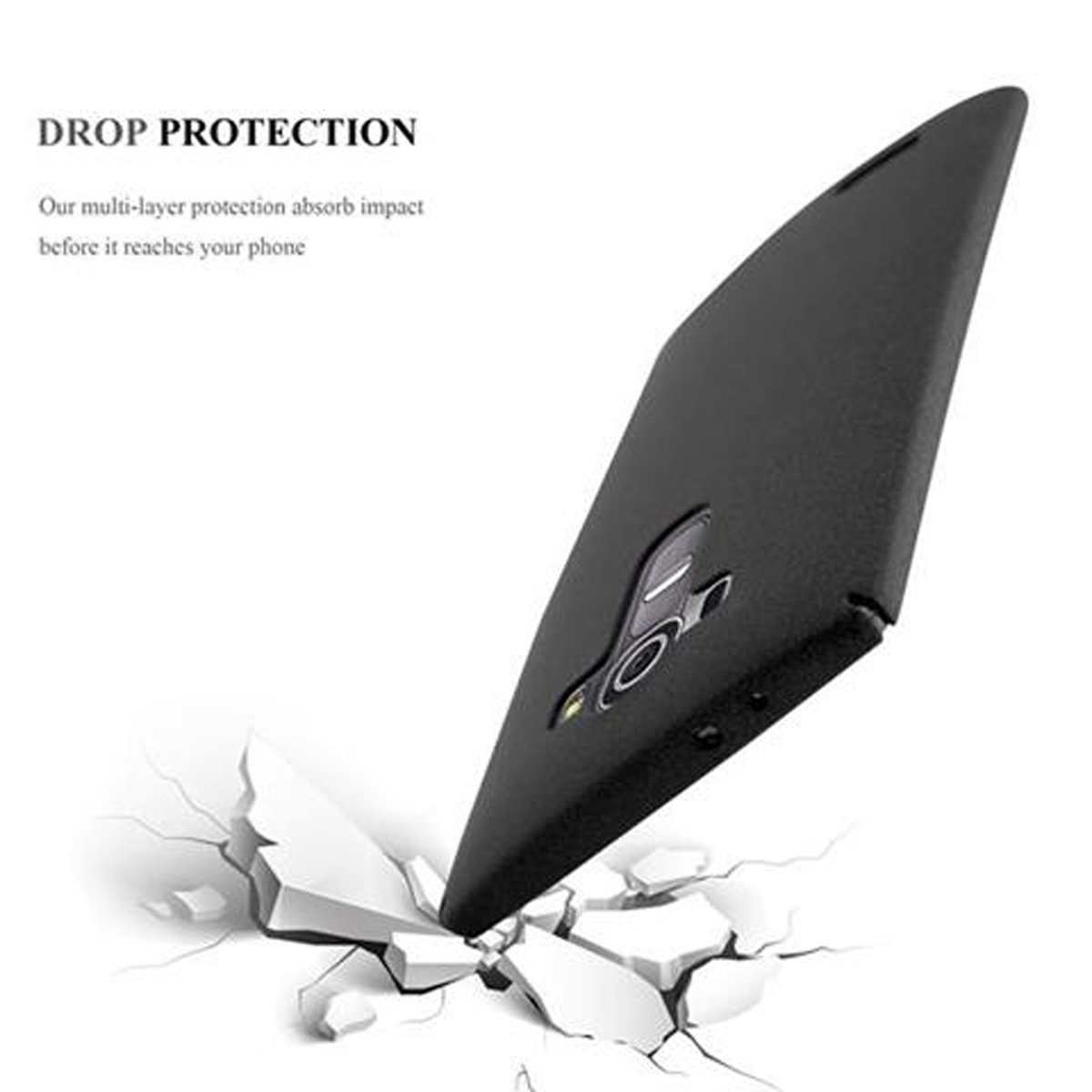 Una funda negra para teléfono cae, y el suelo se rompe. La imagen destaca la protección contra caídas.