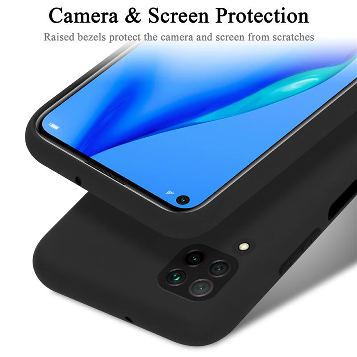 Una custodia nera per telefono con un telefono all'interno. La custodia ha una lunetta rialzata. Testo: Protezione fotocamera e schermo.