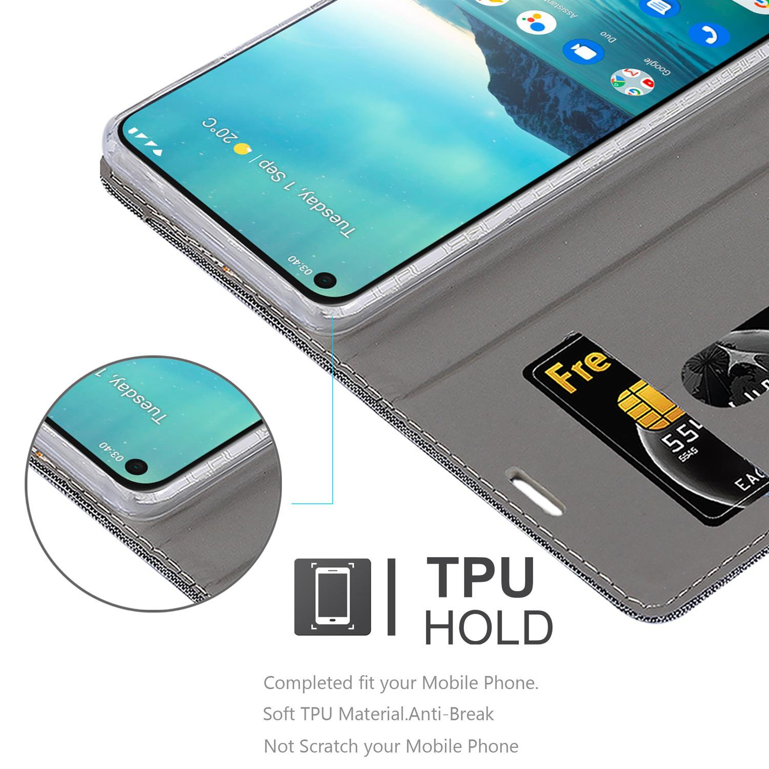 Telefono all'interno di una custodia. Testo: TPU HOLD. Vestibilità completa, materiale morbido, anti-rottura.