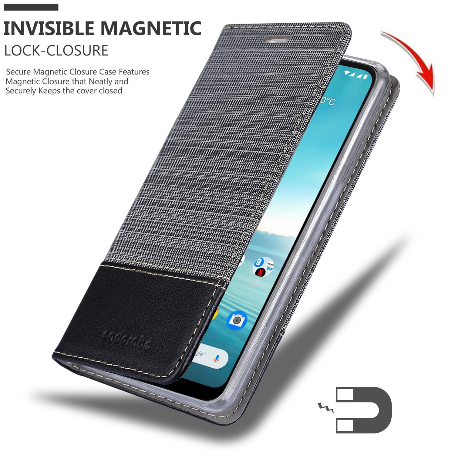 Una custodia per telefono è aperta, rivelando lo schermo di un telefono. Un magnete è mostrato accanto al telefono.