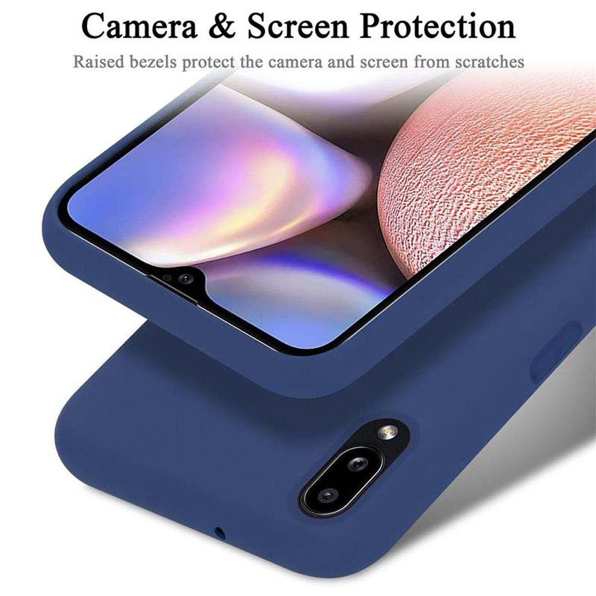 Blaue Handyhülle über einem Telefonbildschirm. Text: 'Kamera- & Bildschirmschutz'.