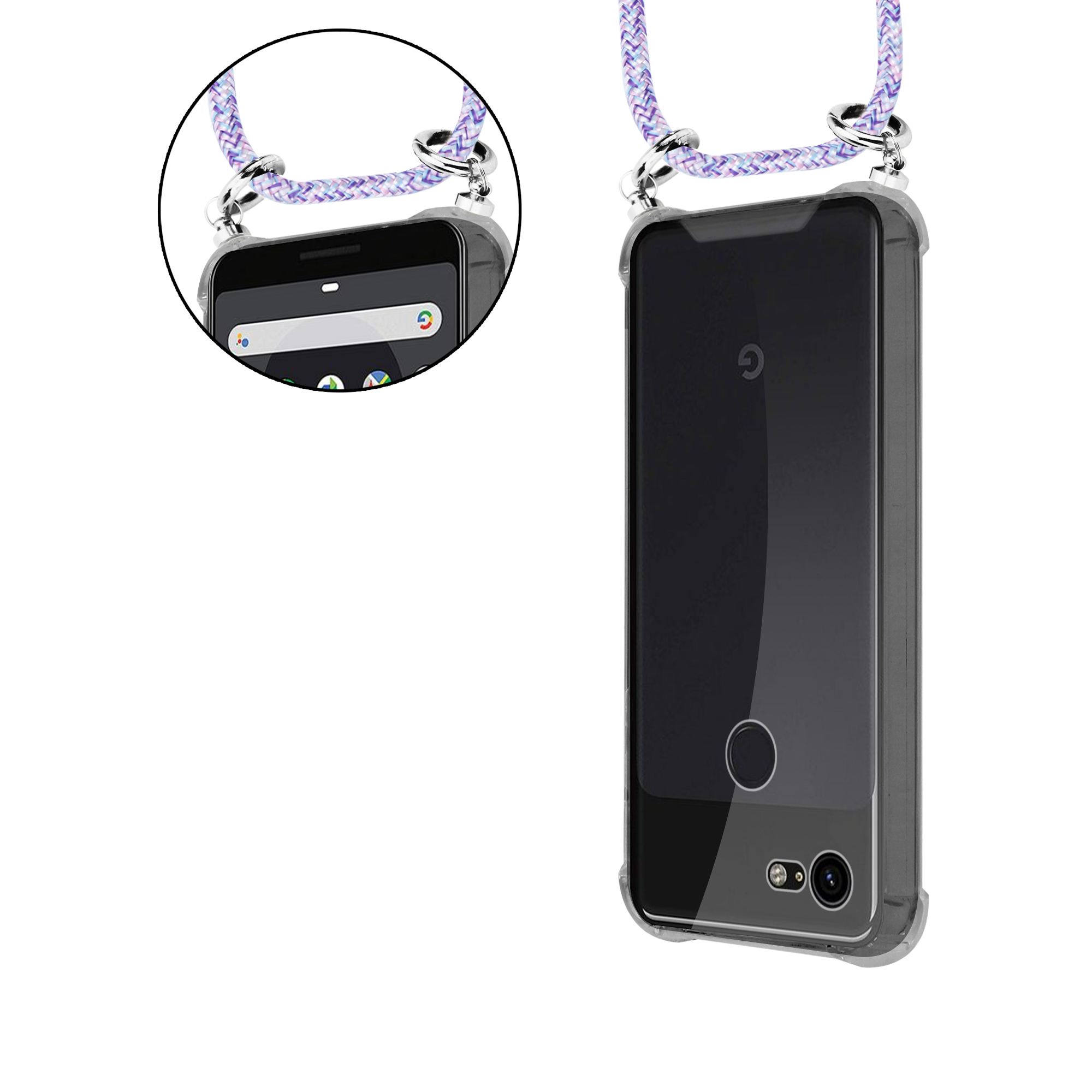 Handyhülle mit lavendelfarbenem Umhängeband. Das Telefon zeigt den Startbildschirm.