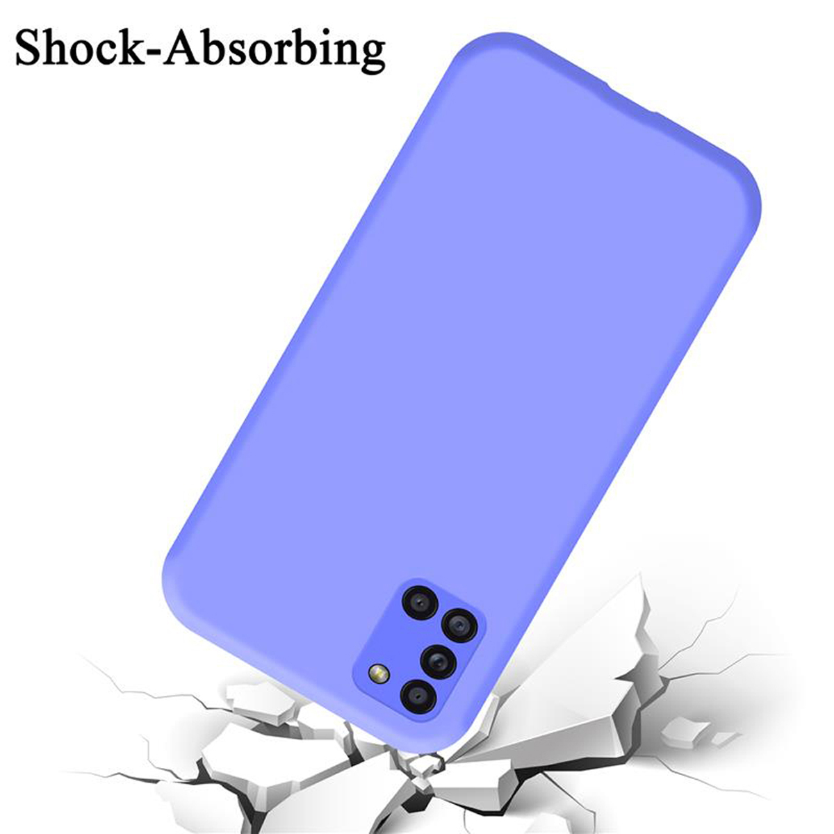 Eine blaue Handyhülle fällt auf eine Oberfläche. Die Hülle ist stoßdämpfend.