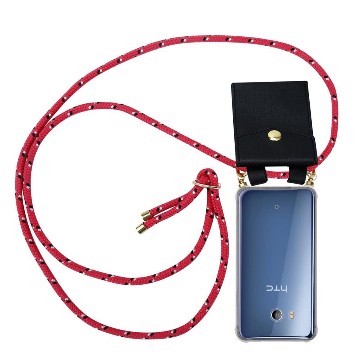 Roter Telefonriemen mit schwarzem Halter und Telefon. Weißer Hintergrund.