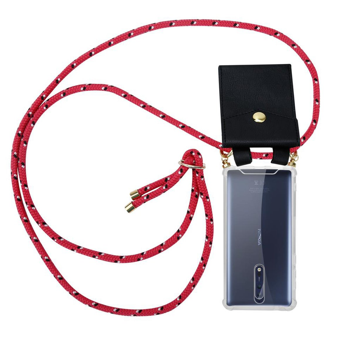 Roter Seil-Telefonhalter, schwarzes Etui und transparentes Telefon. Nokia-Logo sichtbar.