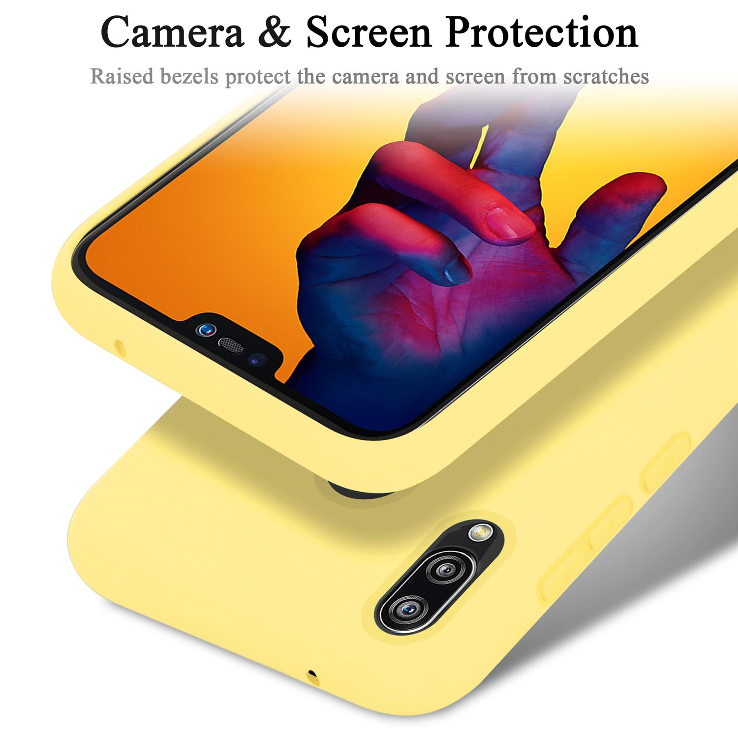 Gelbe Handyhülle mit dem Telefon. Die obere Hülle ist abgenommen. Der Hintergrund ist weiß.