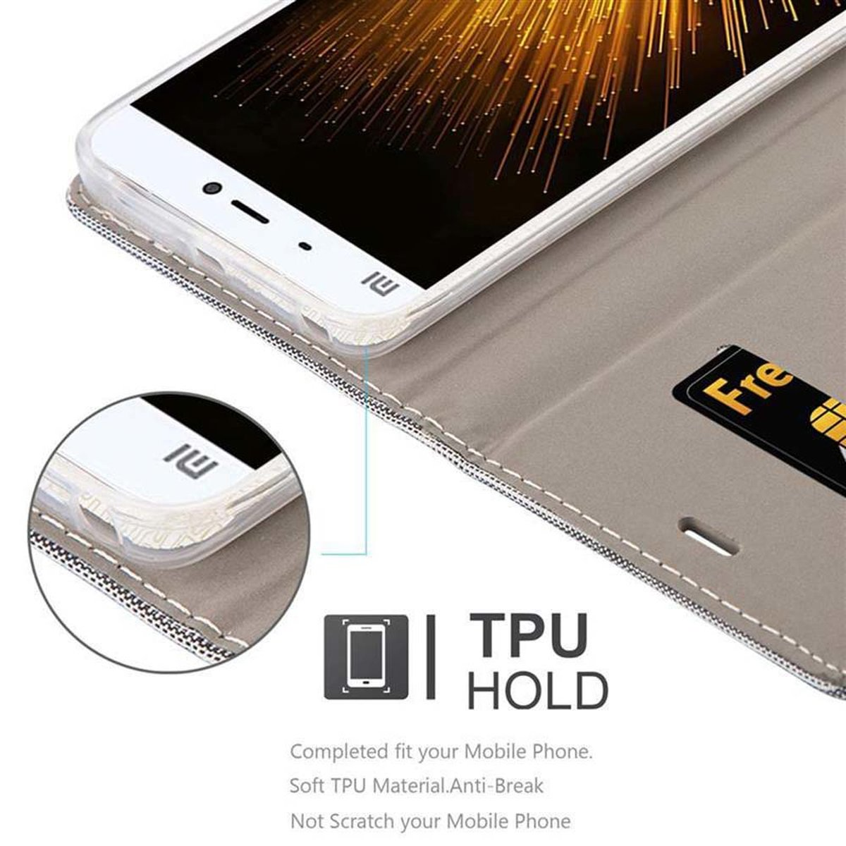 Custodia per telefono in primo piano. La custodia è grigia e ha uno slot per schede. Il telefono è nella custodia. Testo: TPU HOLD.