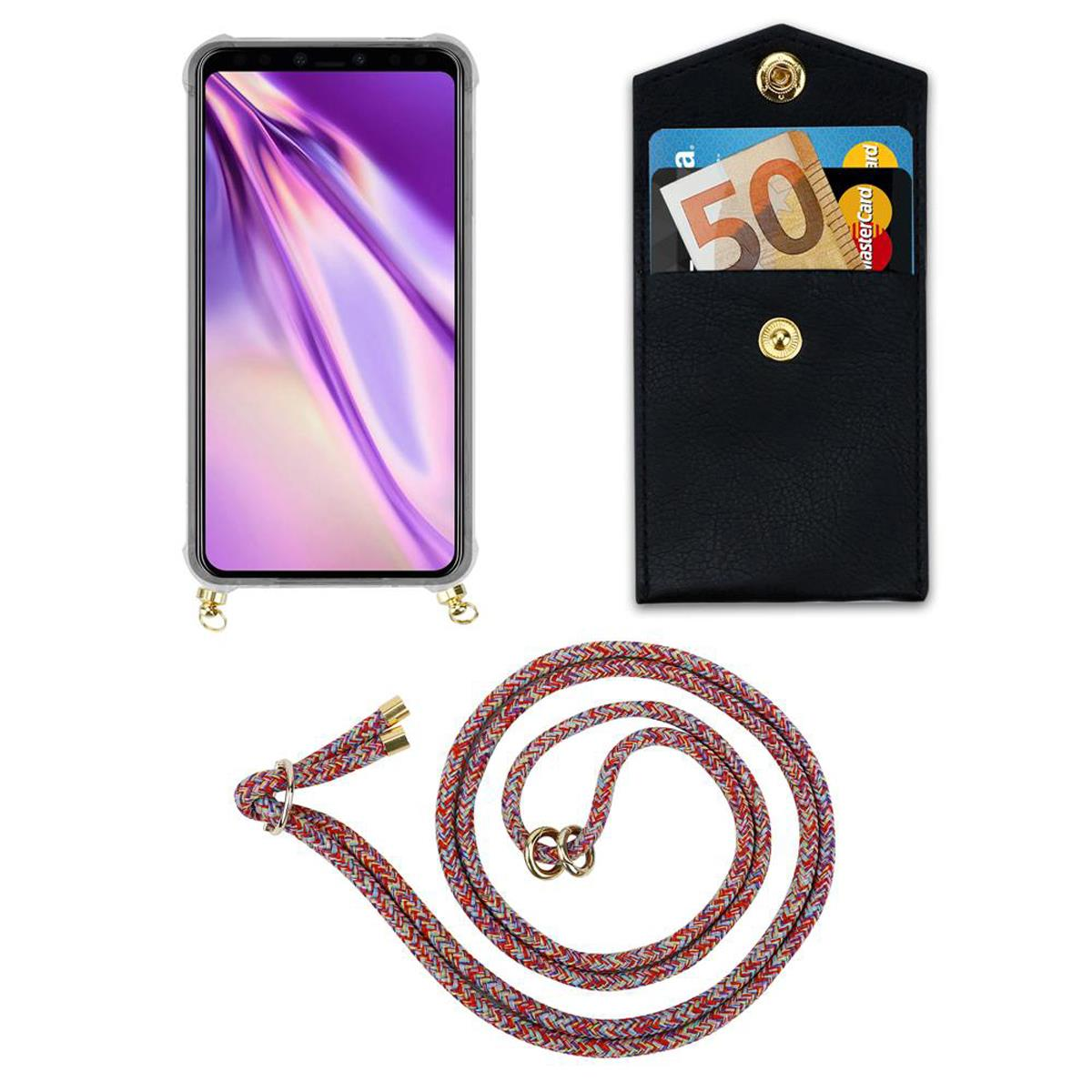 Ein Telefon in einer Hülle mit Nackengurt. Die Hülle hat einen Kartensteckplatz. Der Hintergrund ist weiß.