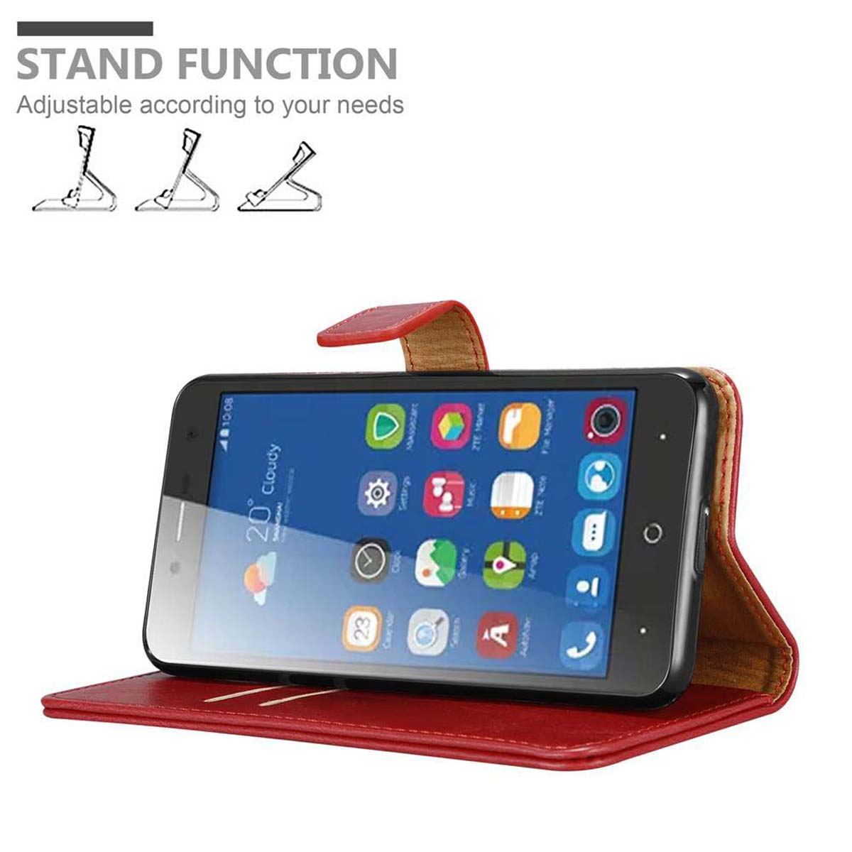 Telefon in einer offenen roten Hülle. Rotes Telefon, Bildschirm zeigt die Uhrzeit 10:08 und App-Symbole.