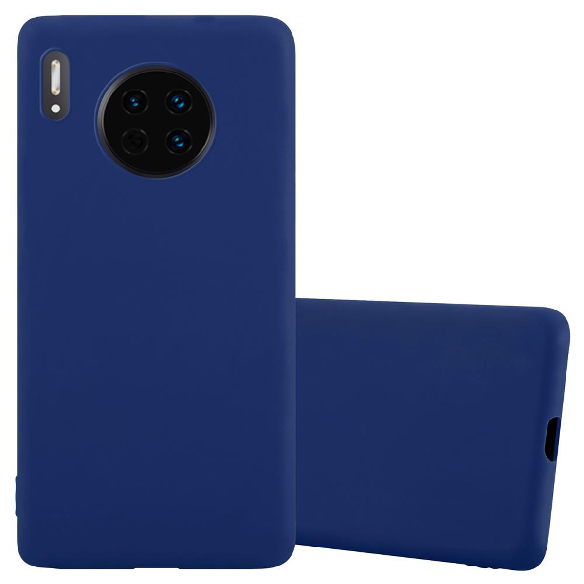 Custodia per telefono blu. Due custodie, una in piedi, una sdraiata. Tinta unita.