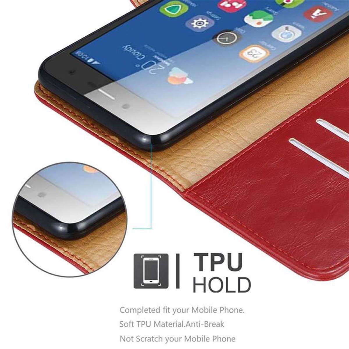 Ein Telefon befindet sich in einer braunen Hülle mit Lederoptik. Der Bildschirm zeigt die Apps des Telefons.