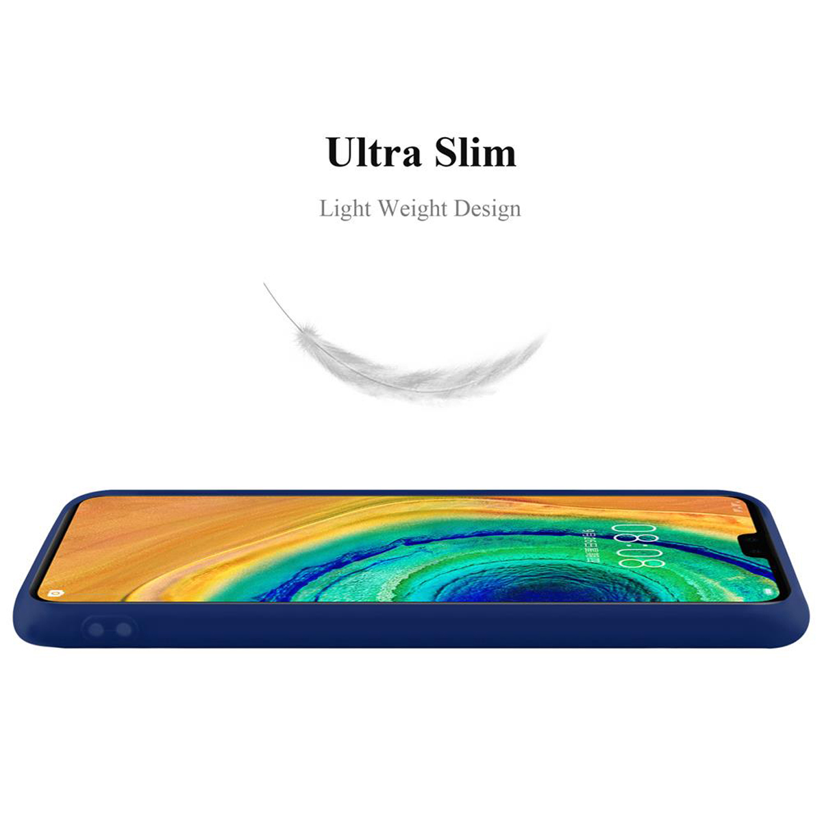 Custodia blu con piuma sopra, su sfondo bianco. Il testo dice 'Ultra Slim'.