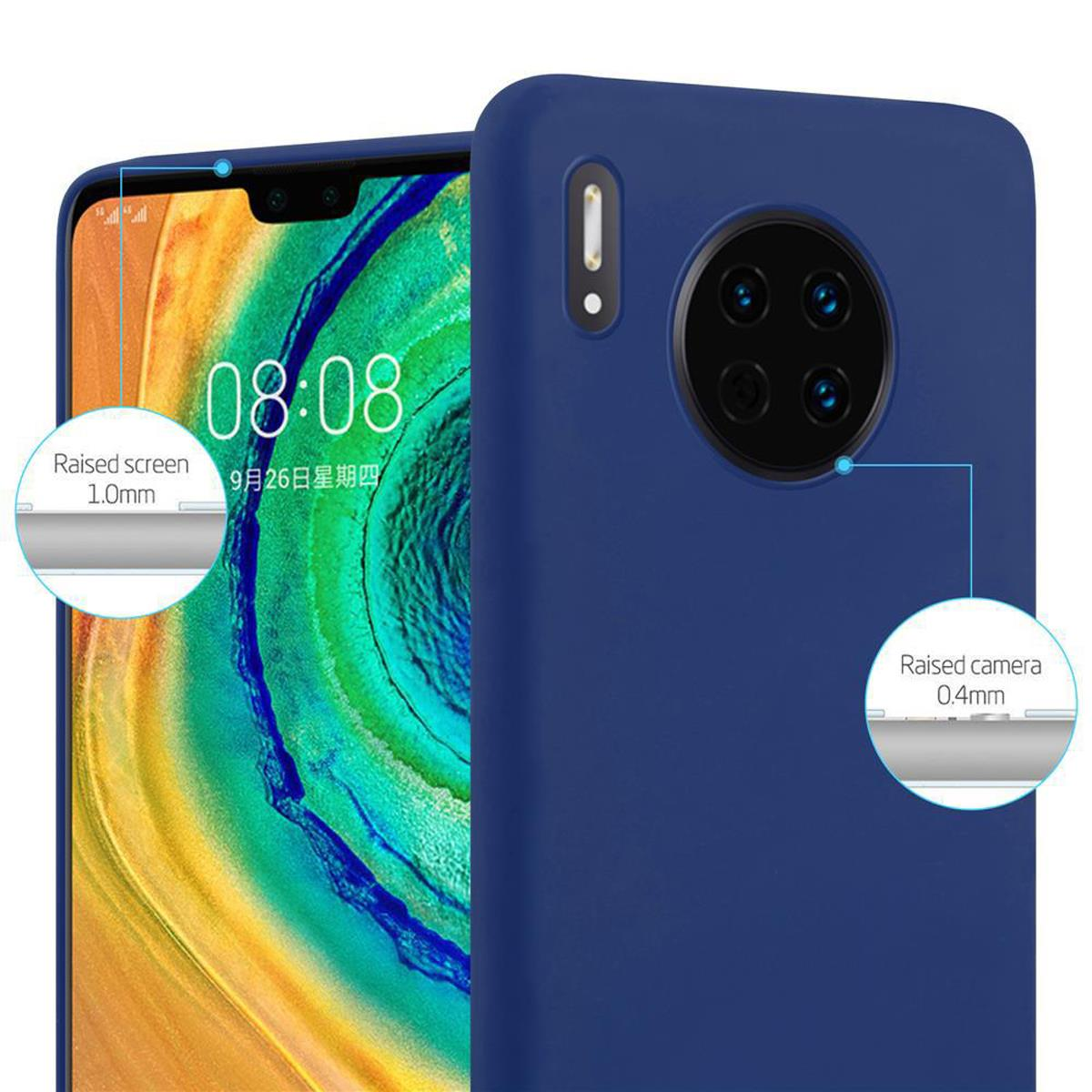 Una custodia blu per telefono con annotazioni che mostrano lo schermo e la fotocamera rialzati. Il telefono mostra l'ora e la data.