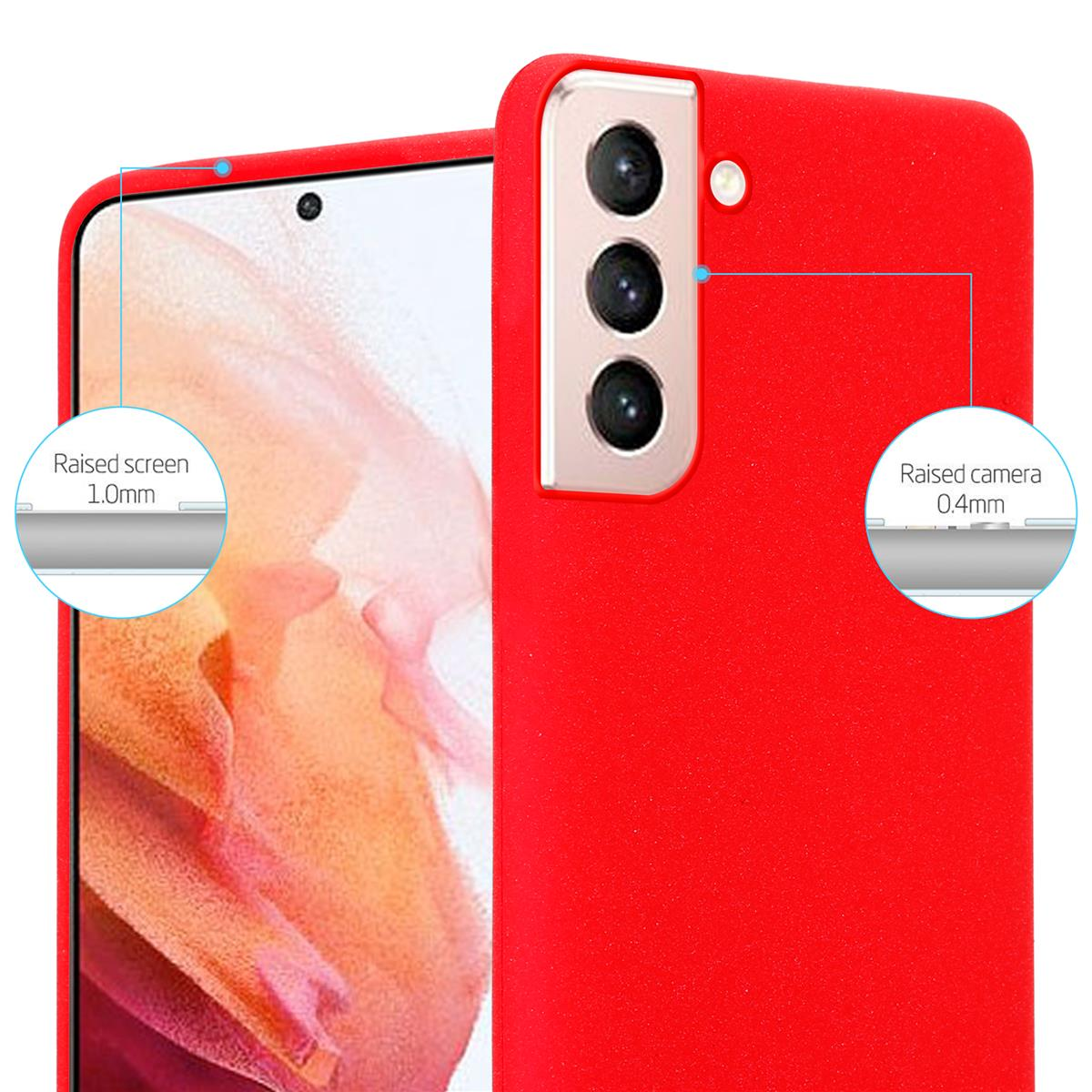 Eine rote Handyhülle auf der Rückseite eines Telefons. Die Hülle hat erhöhte Merkmale.