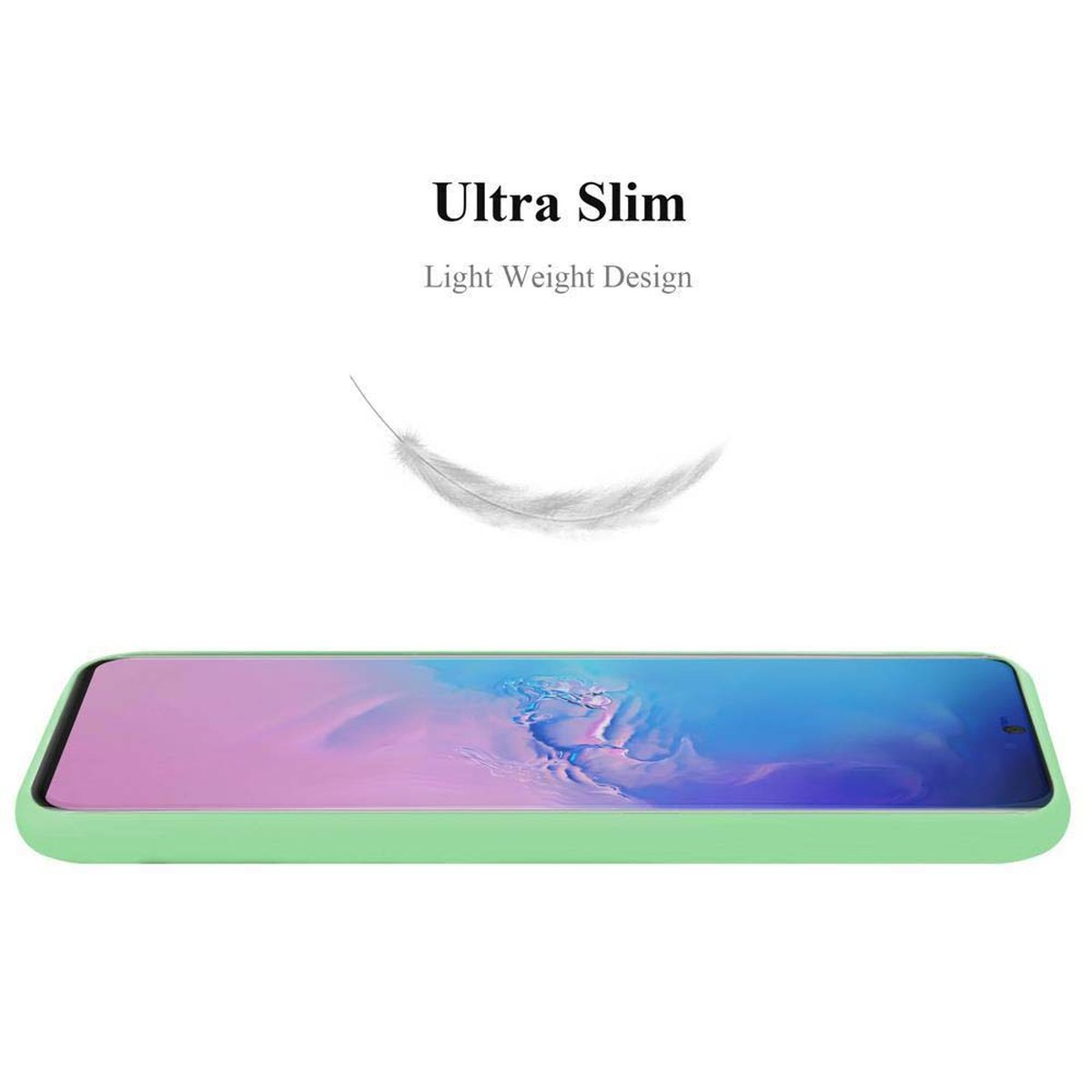 Custodia per telefono verde chiaro. Testo: Ultra Slim. Design leggero. Sfondo bianco con una piuma.