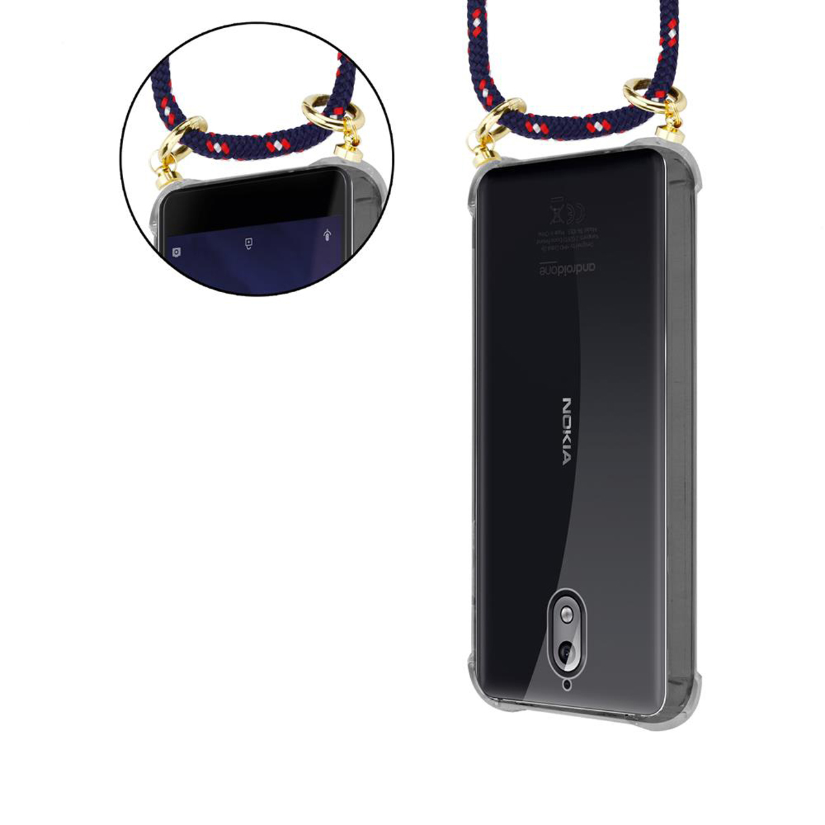 Handyhülle mit Telefon. Die Hülle ist transparent. Das Schlüsselband ist marineblau, weiß und rot. Weißer Hintergrund.