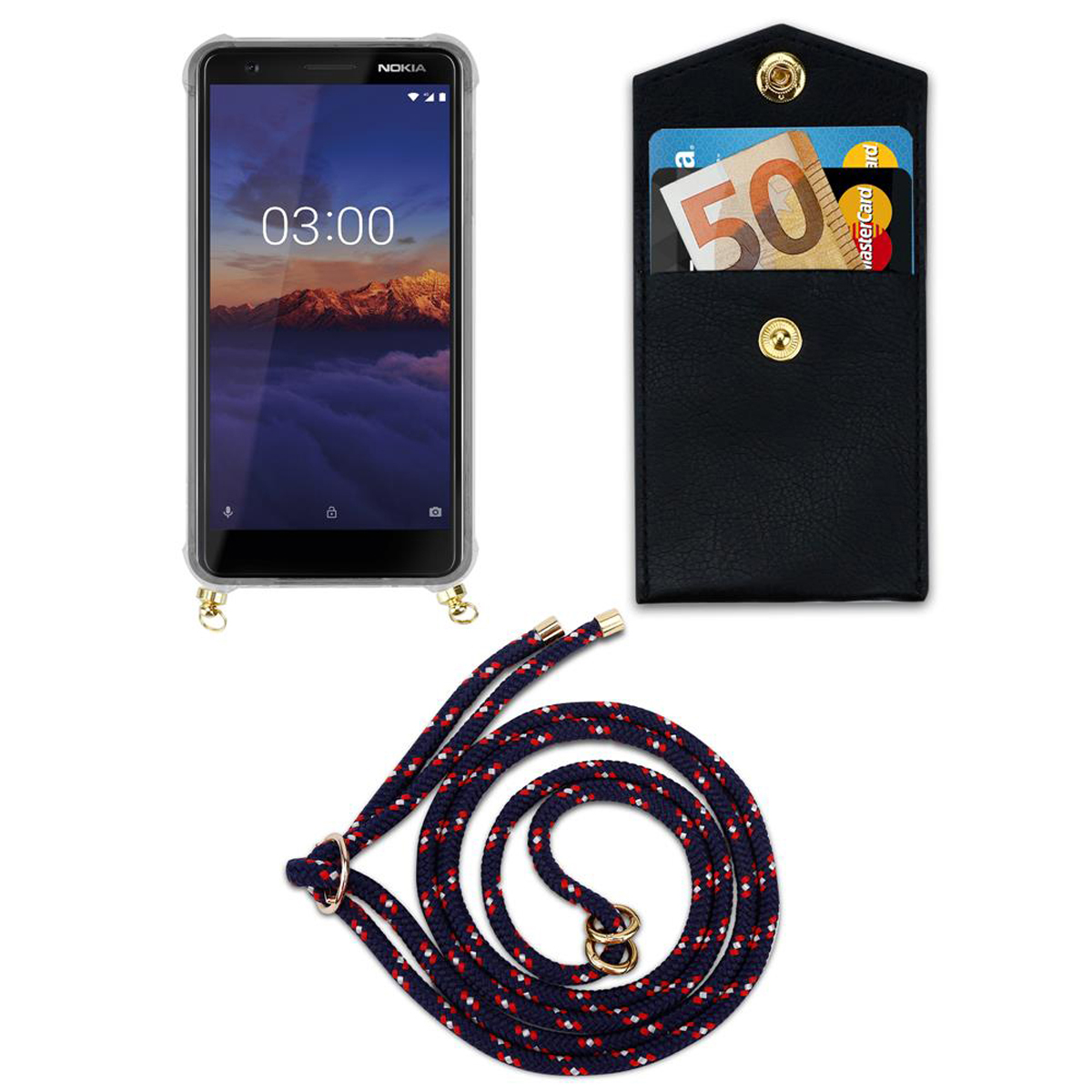 Telefon mit Hülle und Lanyard, Kartenhalter und marineblau-rotes Seil. Weißer Hintergrund.