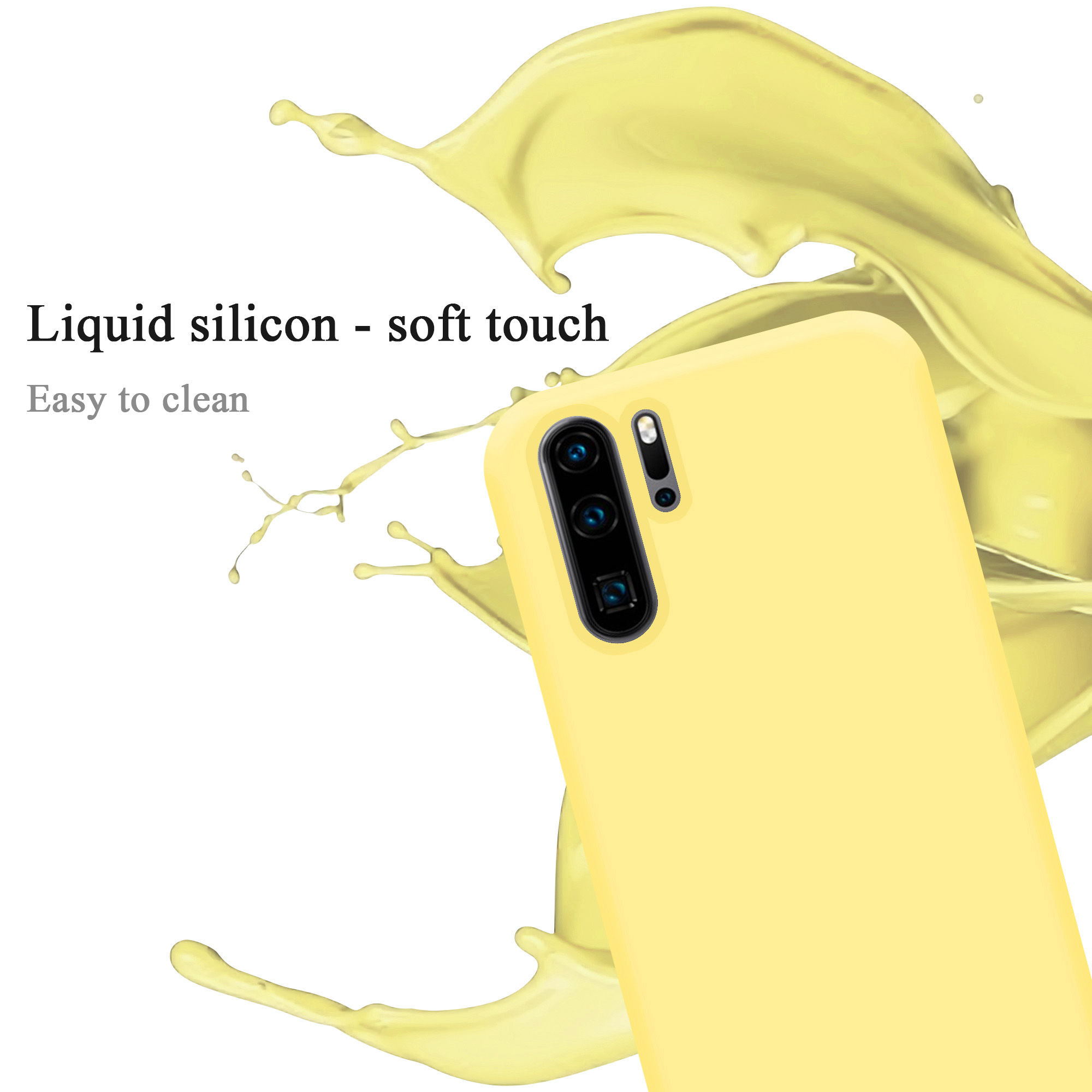 Gelbe Handyhülle mit Flüssigkeitsspritzer, mit der Telefonkamera.