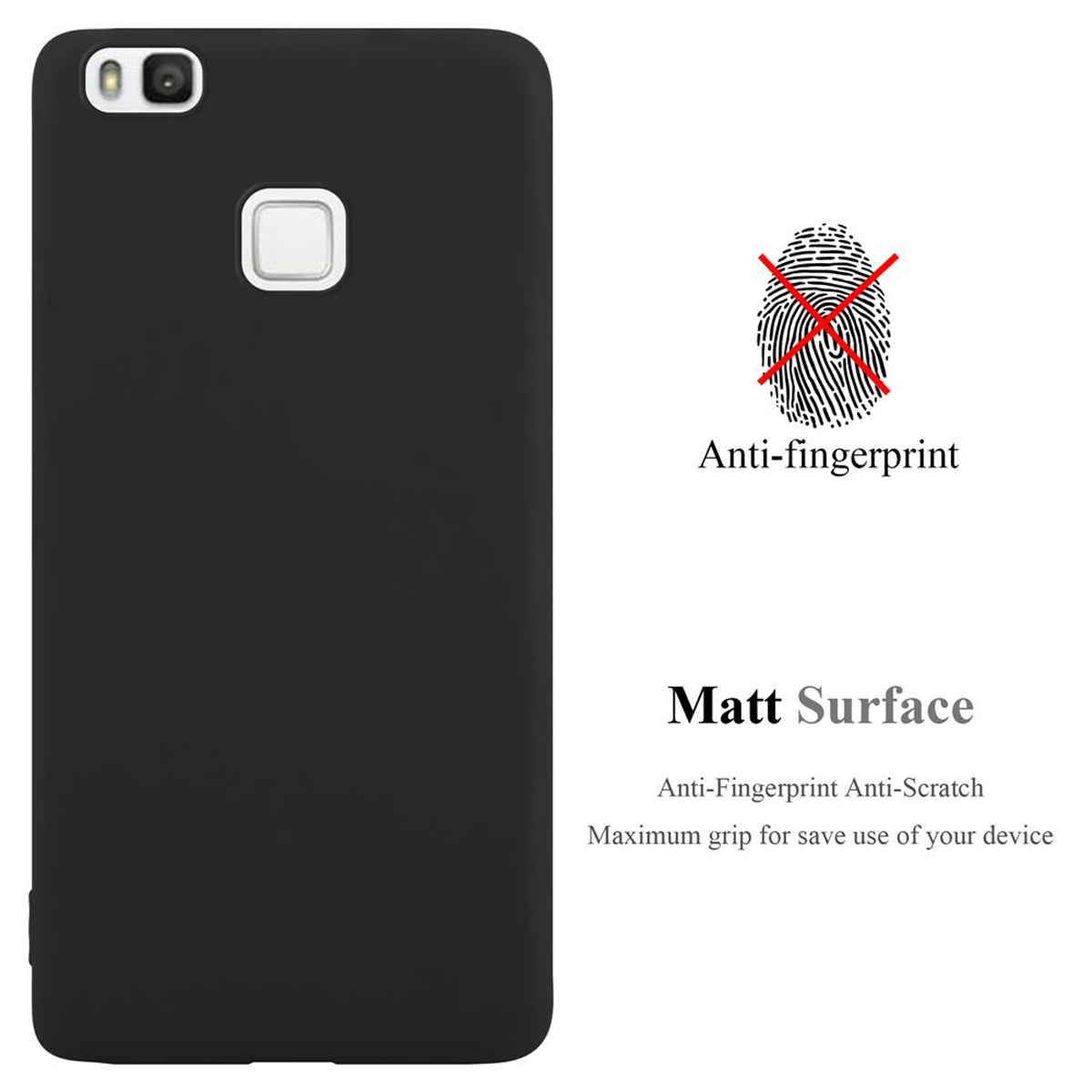 Una funda negra con una ilustración de huella dactilar y el texto "Anti-fingerprint" y "Matt Surface".