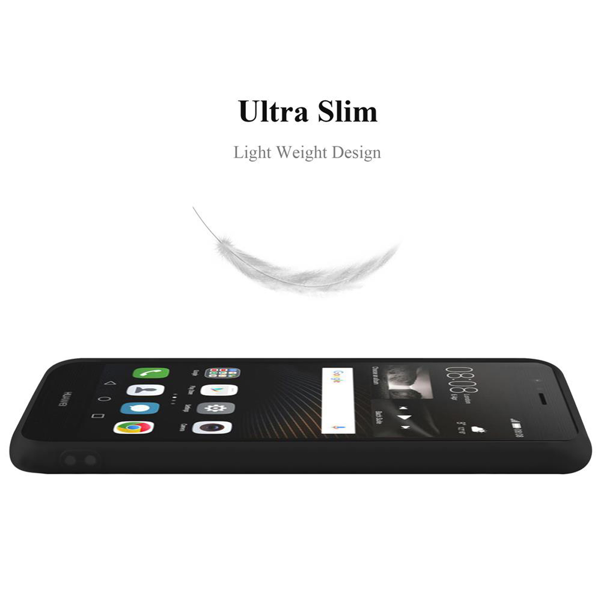 Funda negra con pluma. El teléfono muestra aplicaciones.