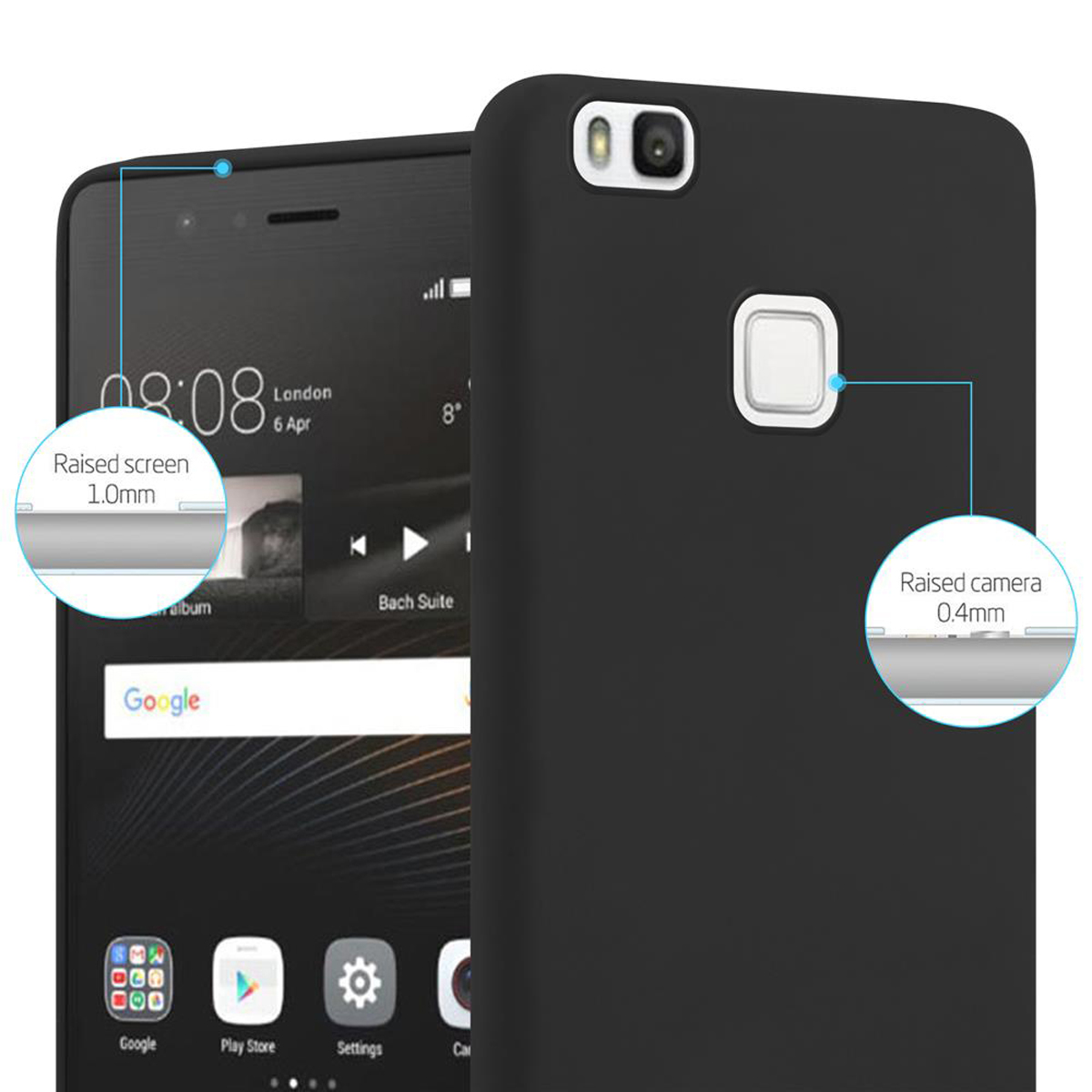 Smartphone negro con funda negra, que muestra la pantalla y la cámara elevadas para protección.