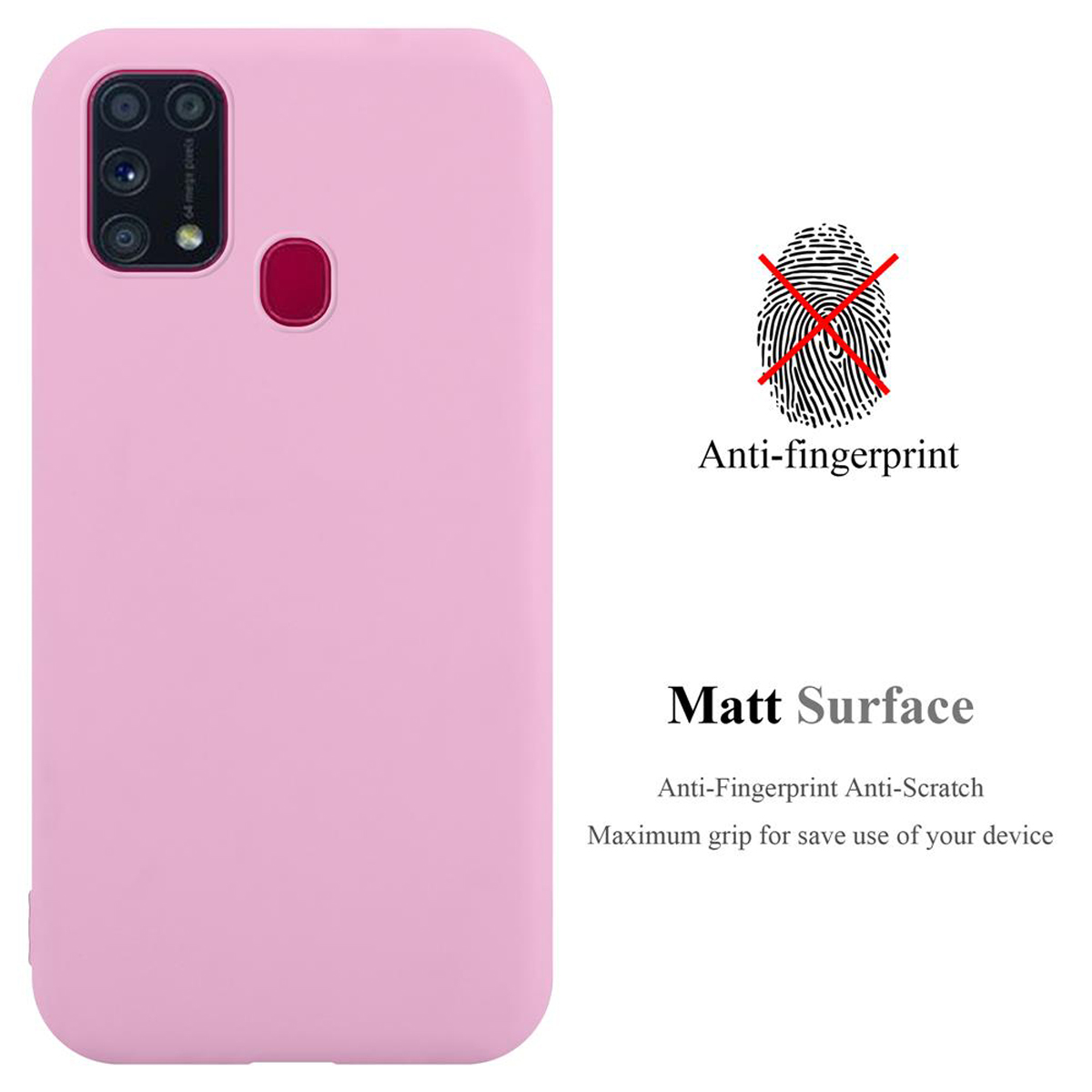 Custodia rosa con etichetta anti-impronta e testo 'Superficie opaca'.