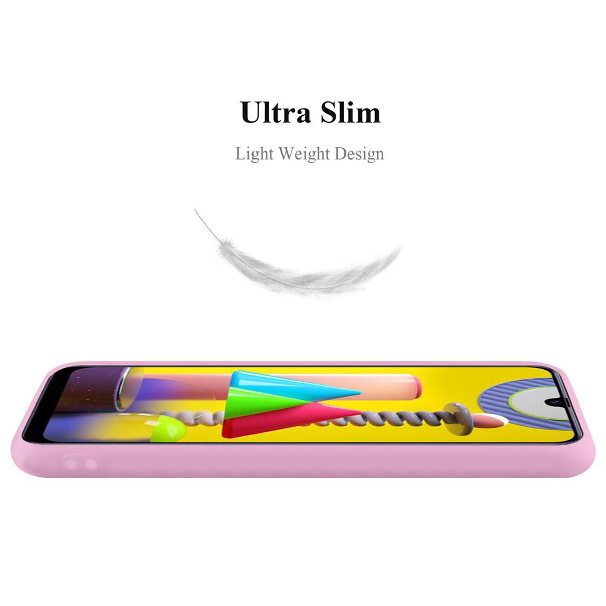Una custodia rosa con una piuma che fluttua sopra. È visibile anche il testo 'Ultra Slim'.