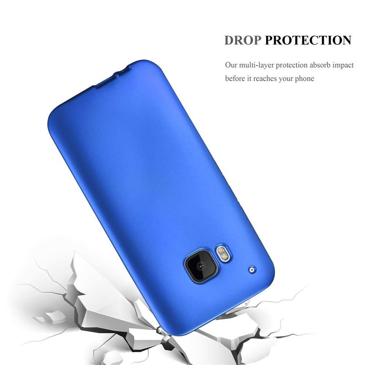 Custodia per telefono blu angolata, testo 'Protezione anticaduta'. Custodia che cade su terreno crepato. Sfondo bianco.