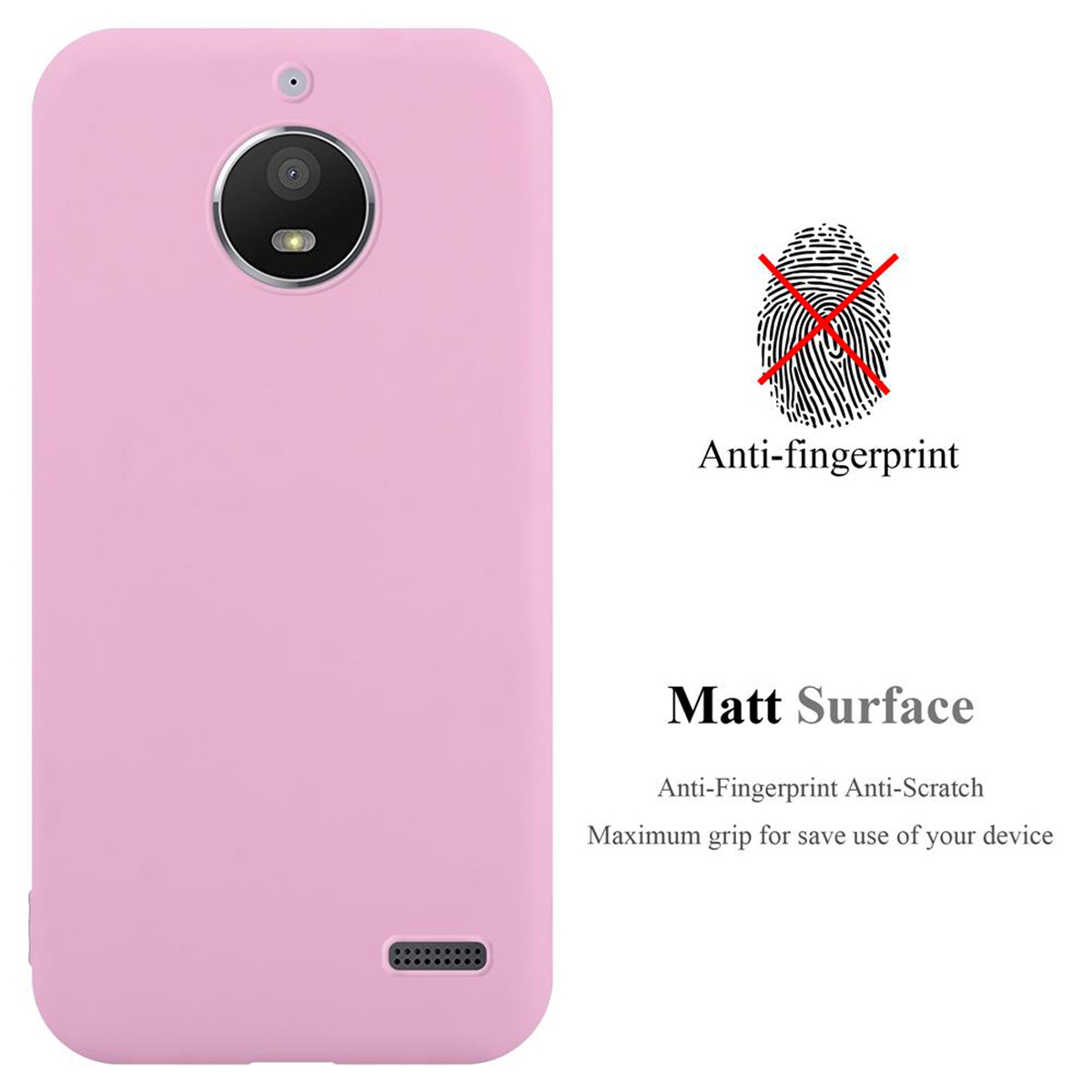 Viene mostrata una custodia per telefono rosa. Il testo recita 'Anti-impronte digitali' con un'impronta digitale sbarrata. 'Superficie opaca' è sotto.