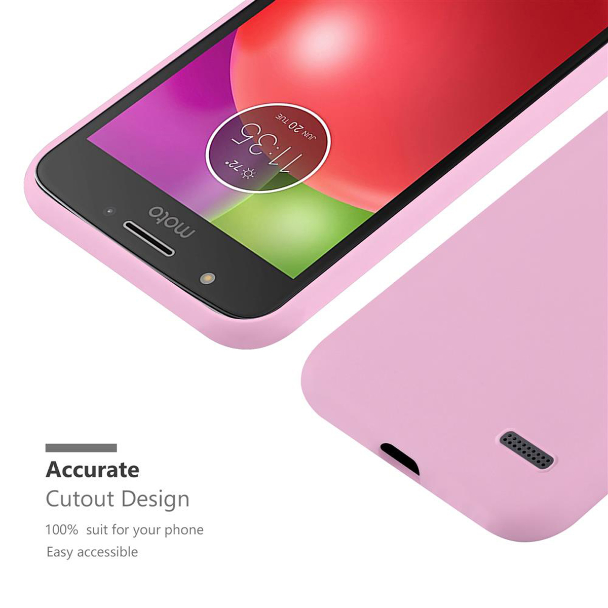 Telefono rosa in una custodia. Testo di design con ritaglio accurato.