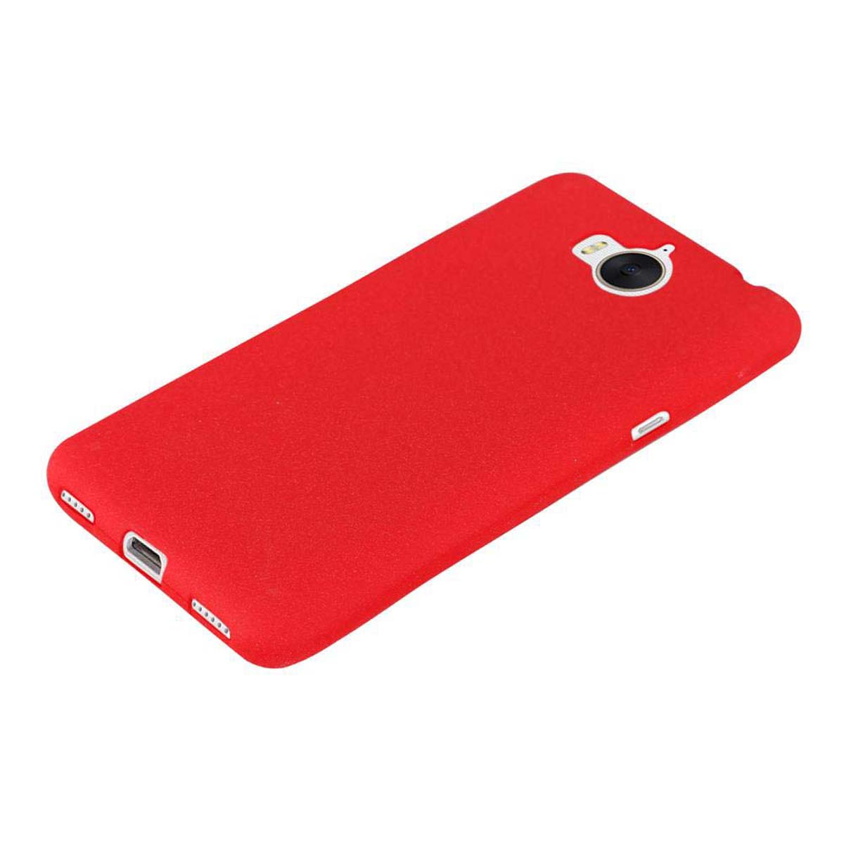 Custodia rossa per telefono su sfondo bianco. È una custodia monocolore con ritagli per fotocamera e altre porte.