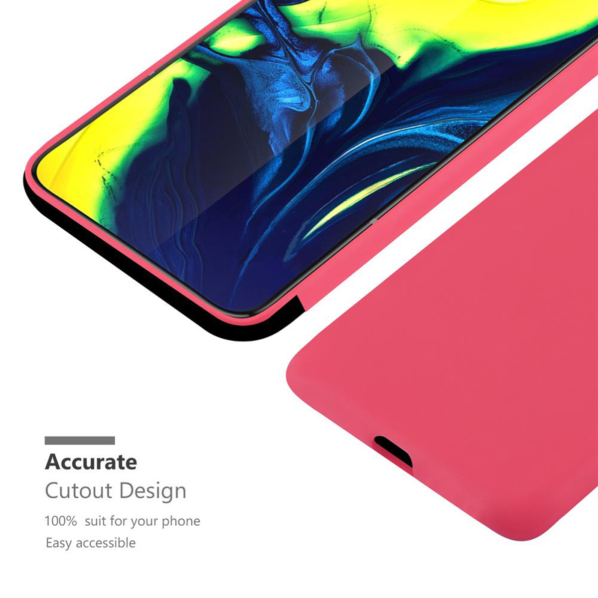 Custodia rosa su un telefono, primo piano. Il telefono è nero con schermo colorato.
