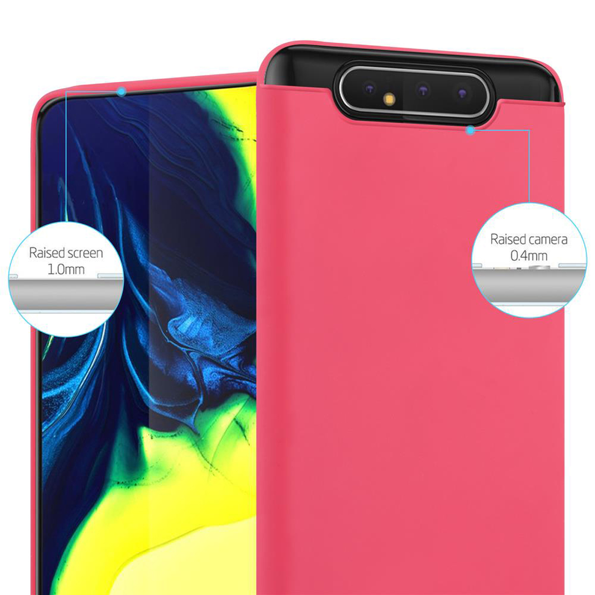 Primo piano di una custodia rosa per telefono. Schermo e fotocamera rialzati. Fotocamera nera. Sfondo blu.