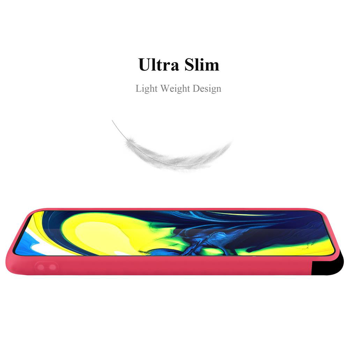 Una custodia per telefono rossa vista di lato, con una grafica a forma di piuma e le parole 'Ultra Slim'.