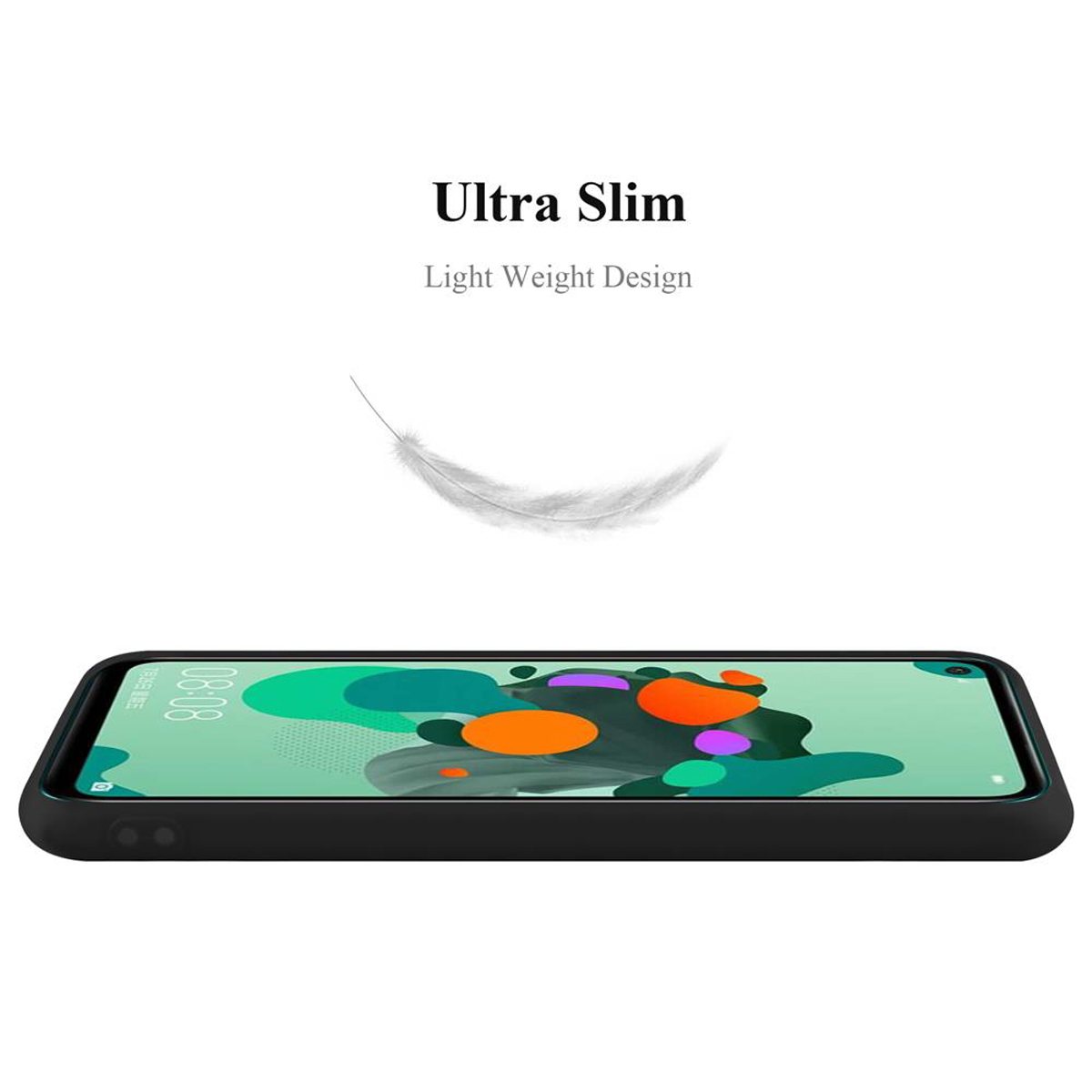Custodia nera per telefono, sdraiata. Testo: Ultra Slim. Light Weight Design. Piuma bianca fluttuante.
