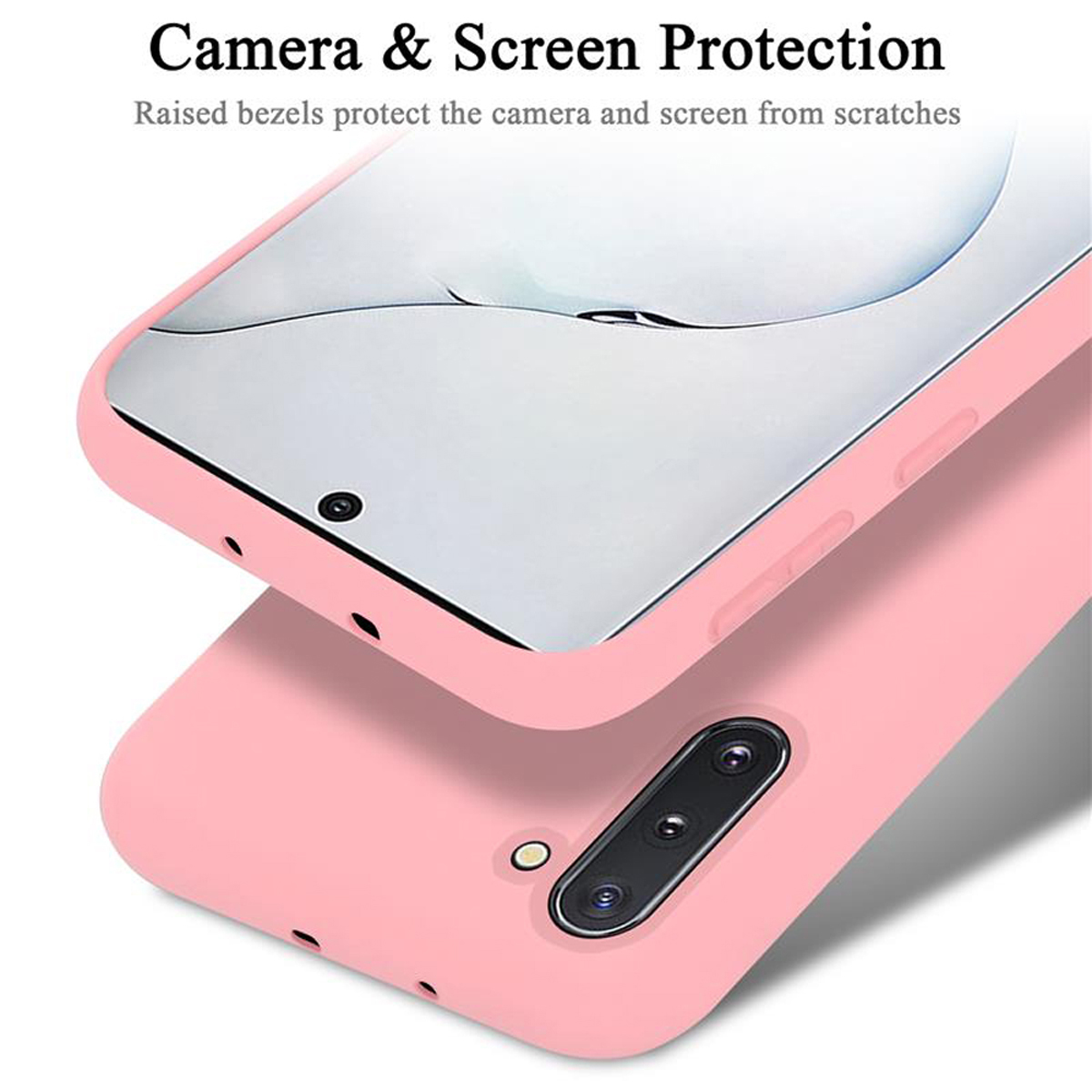 Nahaufnahme einer rosa Handyhülle. Sie schützt Kamera und Bildschirm. Die Hülle ist über dem Telefon.