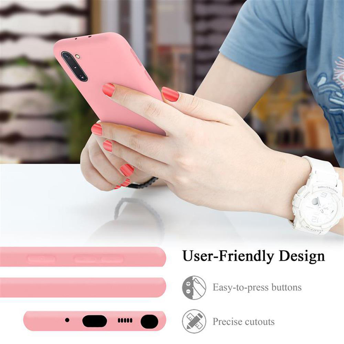 Hand hält rosa Telefon. Knöpfe sichtbar, Text 'Benutzerfreundliches Design'.