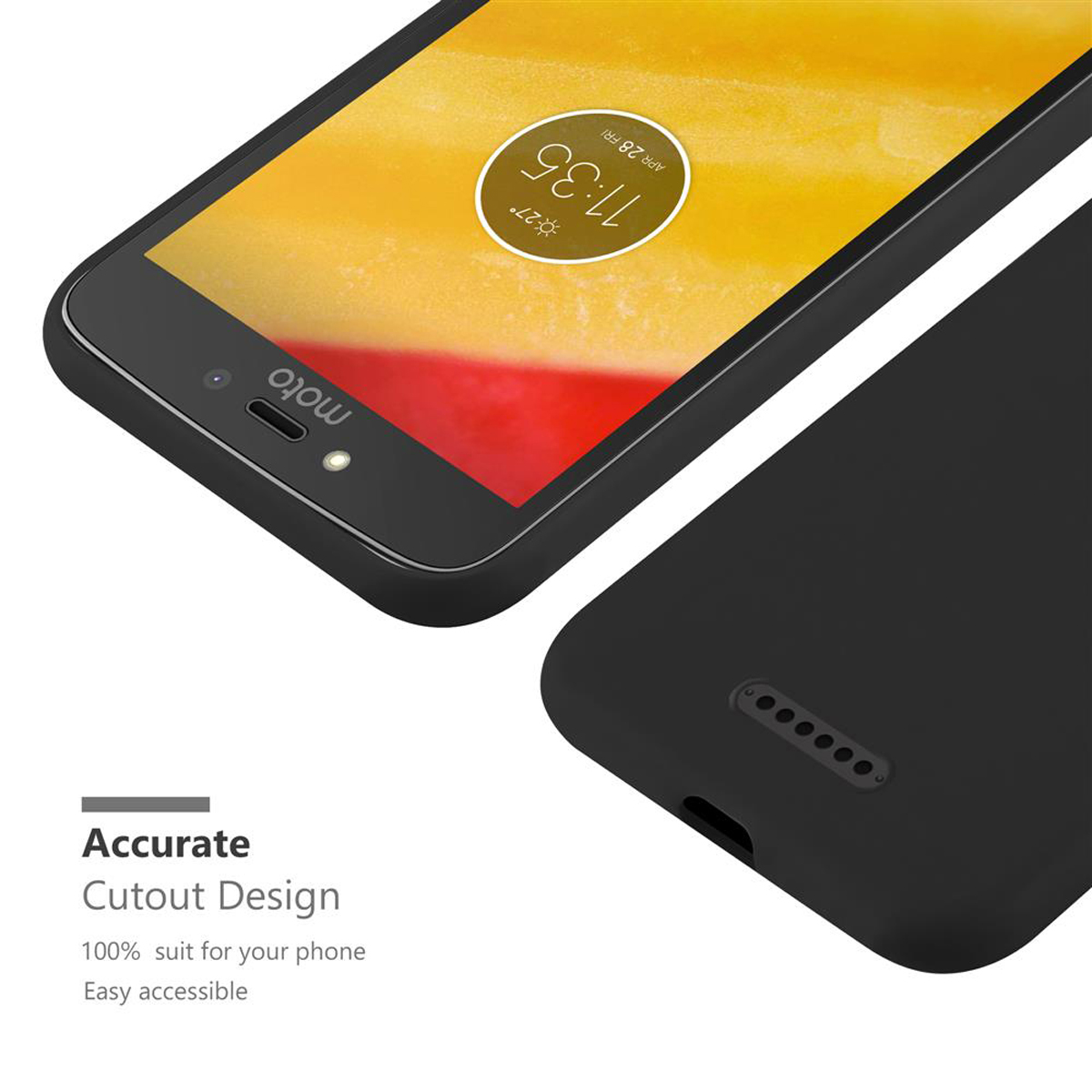 Telefono e custodia neri, che mostrano l'ora, con testo 'Accurate Cutout Design' e specifiche.