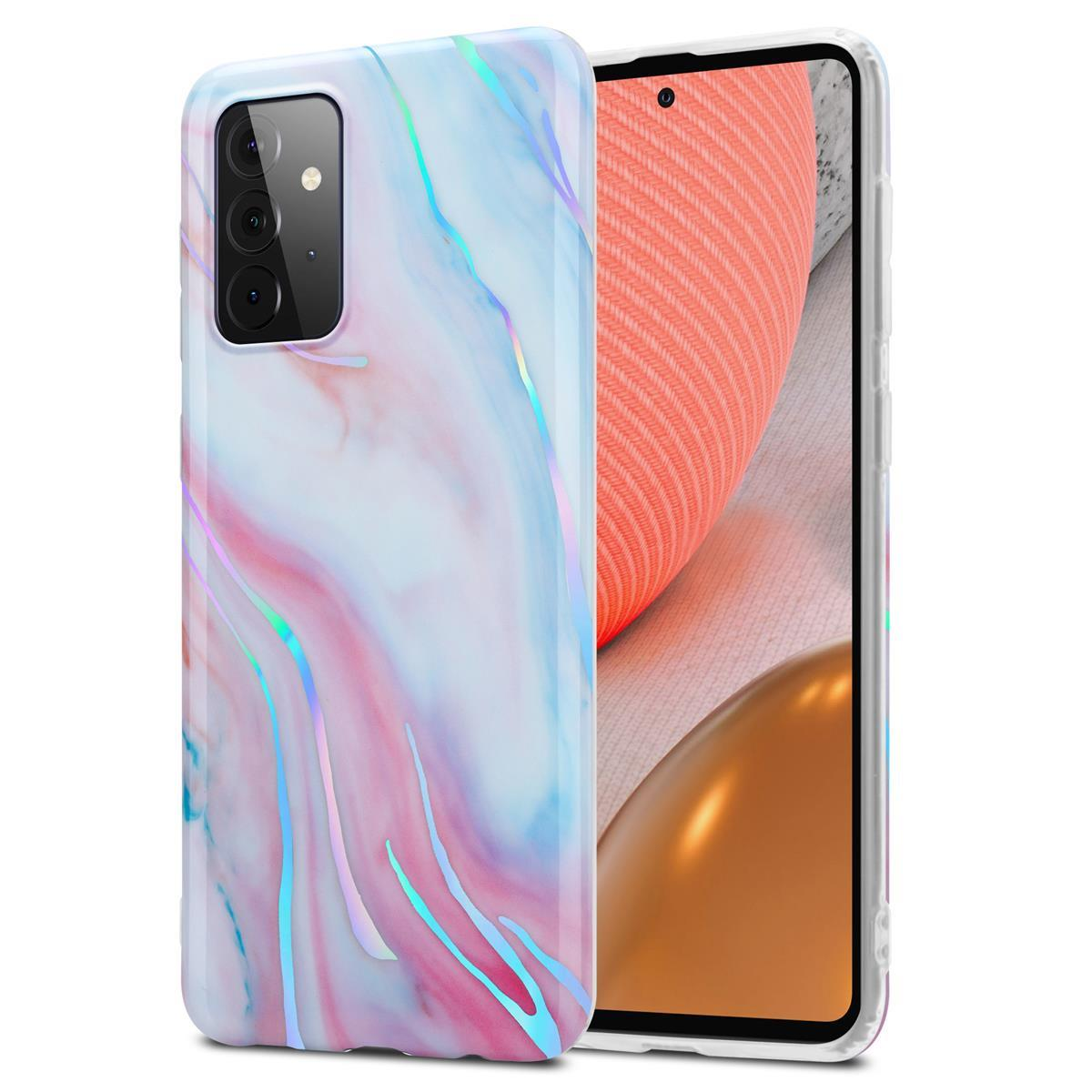 Una custodia per telefono con un motivo marmoreo, con colori blu, rosa e bianco. Lo sfondo è bianco.