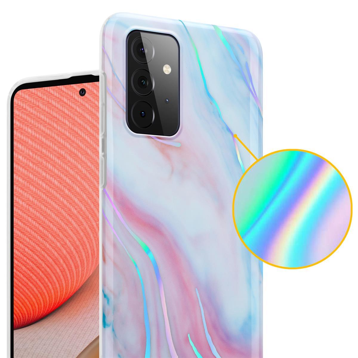 Custodia per telefono con design marmoreo, con effetto arcobaleno su sfondo bianco.