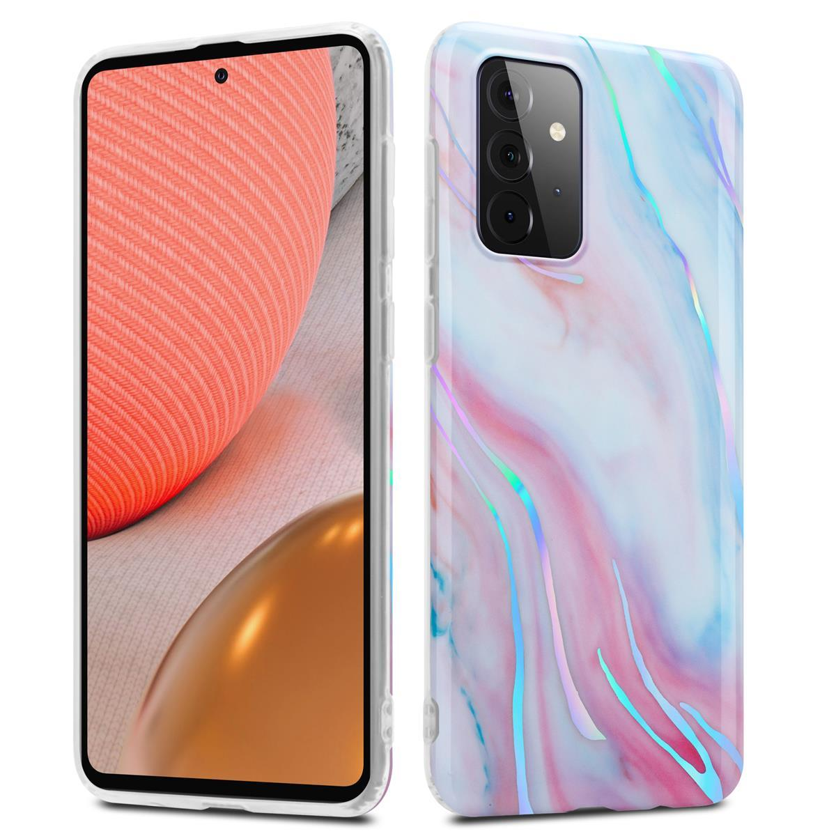 Custodia per telefono con un design marmorizzato. La custodia è trasparente, con sfumature rosa, blu e bianco e un telefono dorato all'interno.