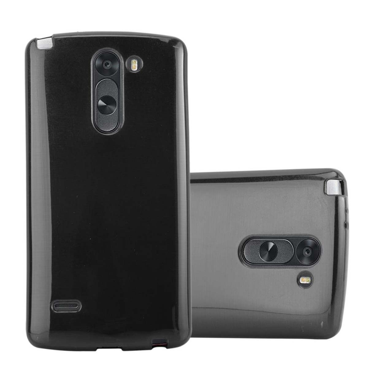 Dos fundas de teléfono negras. Una está en posición vertical, la otra de lado.