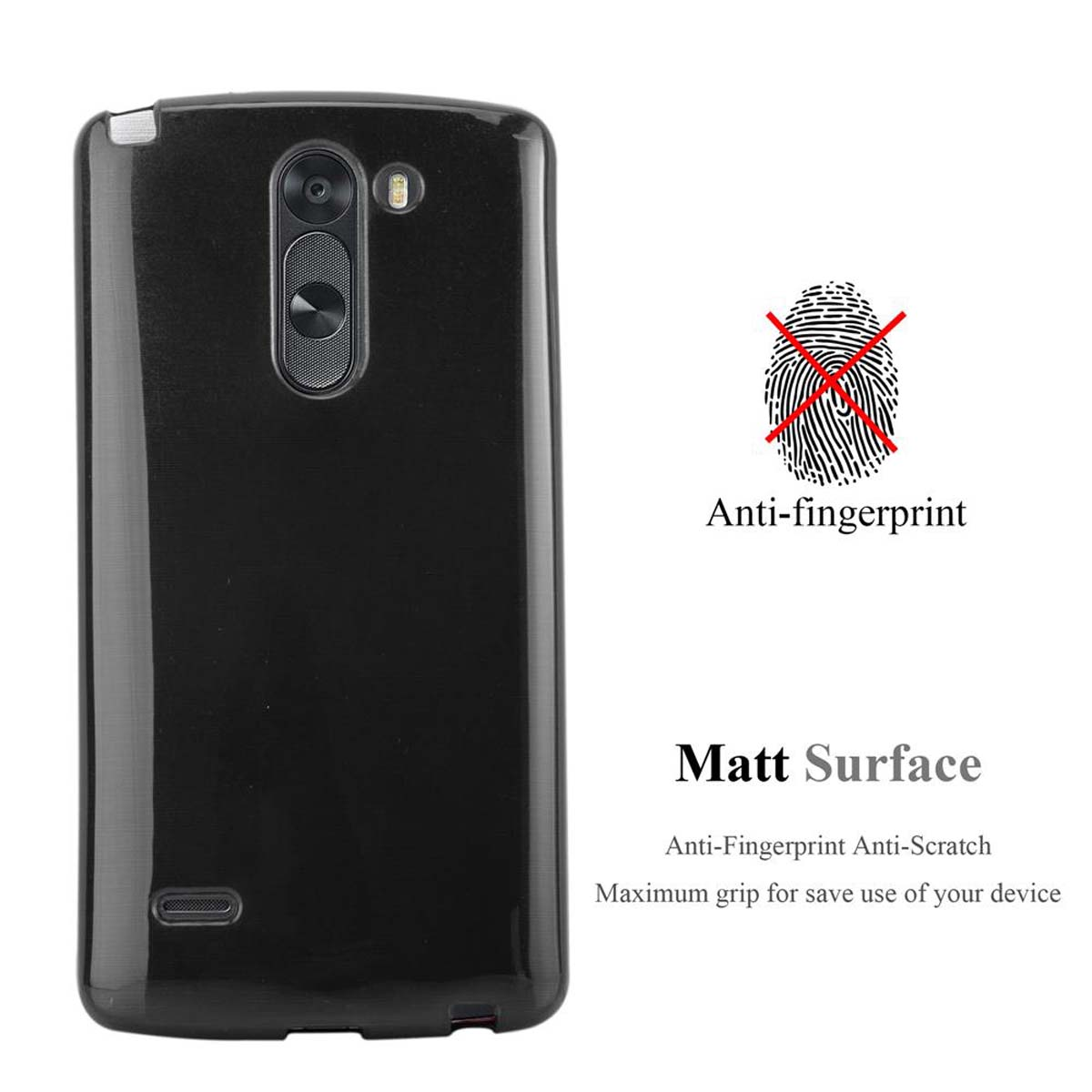 Funda de teléfono negra. Icono de huella dactilar con una cruz. Texto: 'Anti-huellas' y 'Superficie mate'.