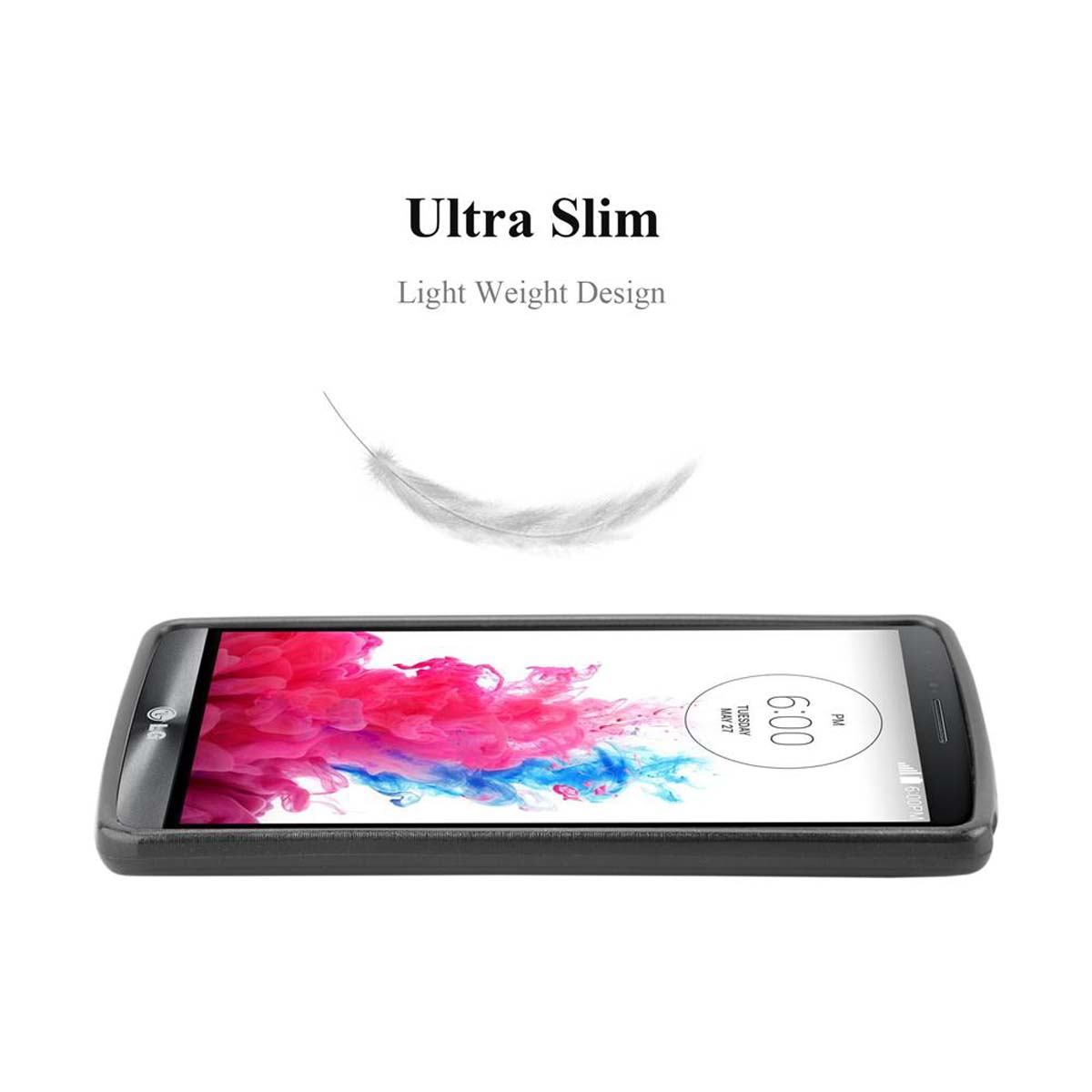 Un teléfono en una funda negra con un gráfico de pluma arriba.
