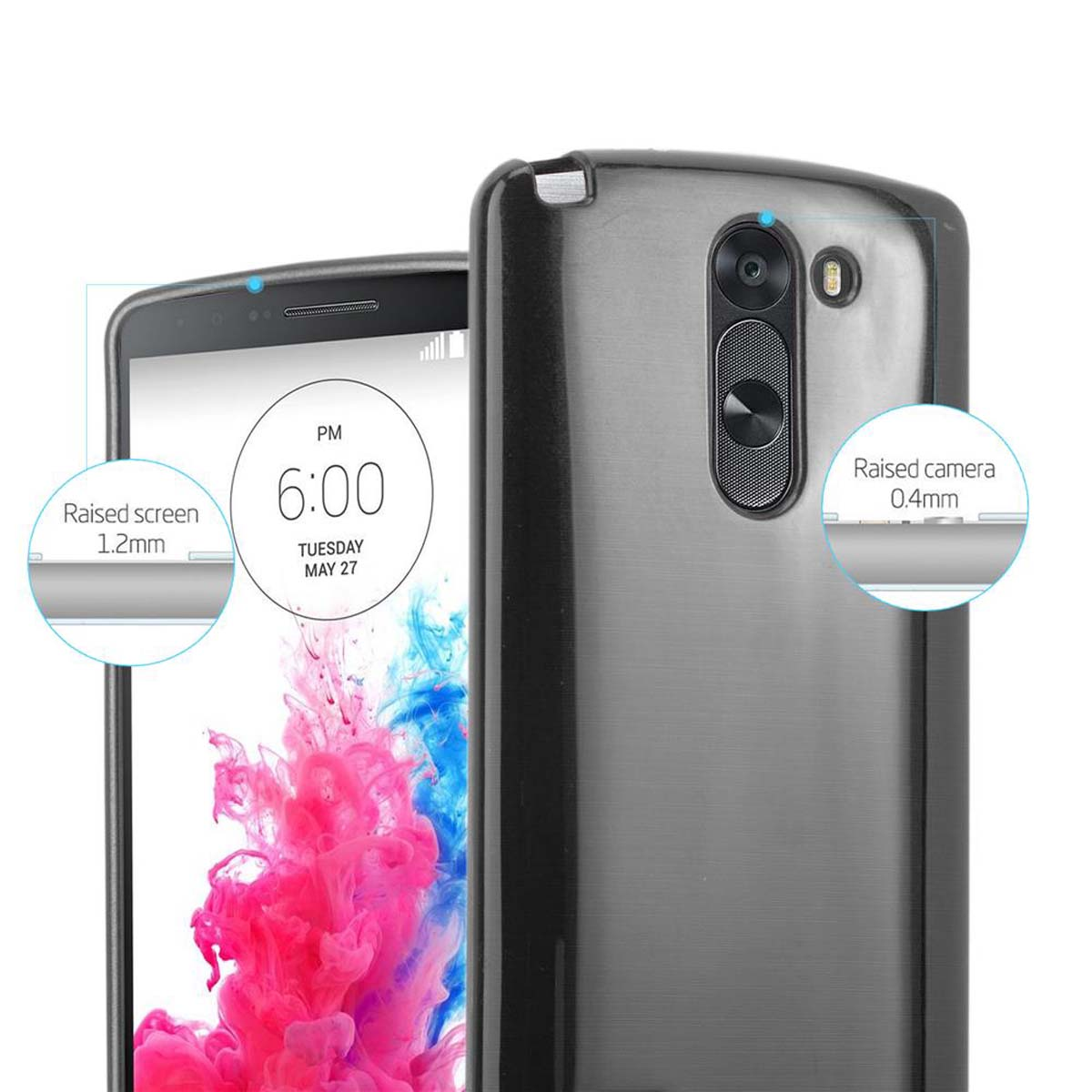 Dos teléfonos, uno con un diseño rosa y azul. Detalles muestran alturas elevadas de pantalla y cámara.