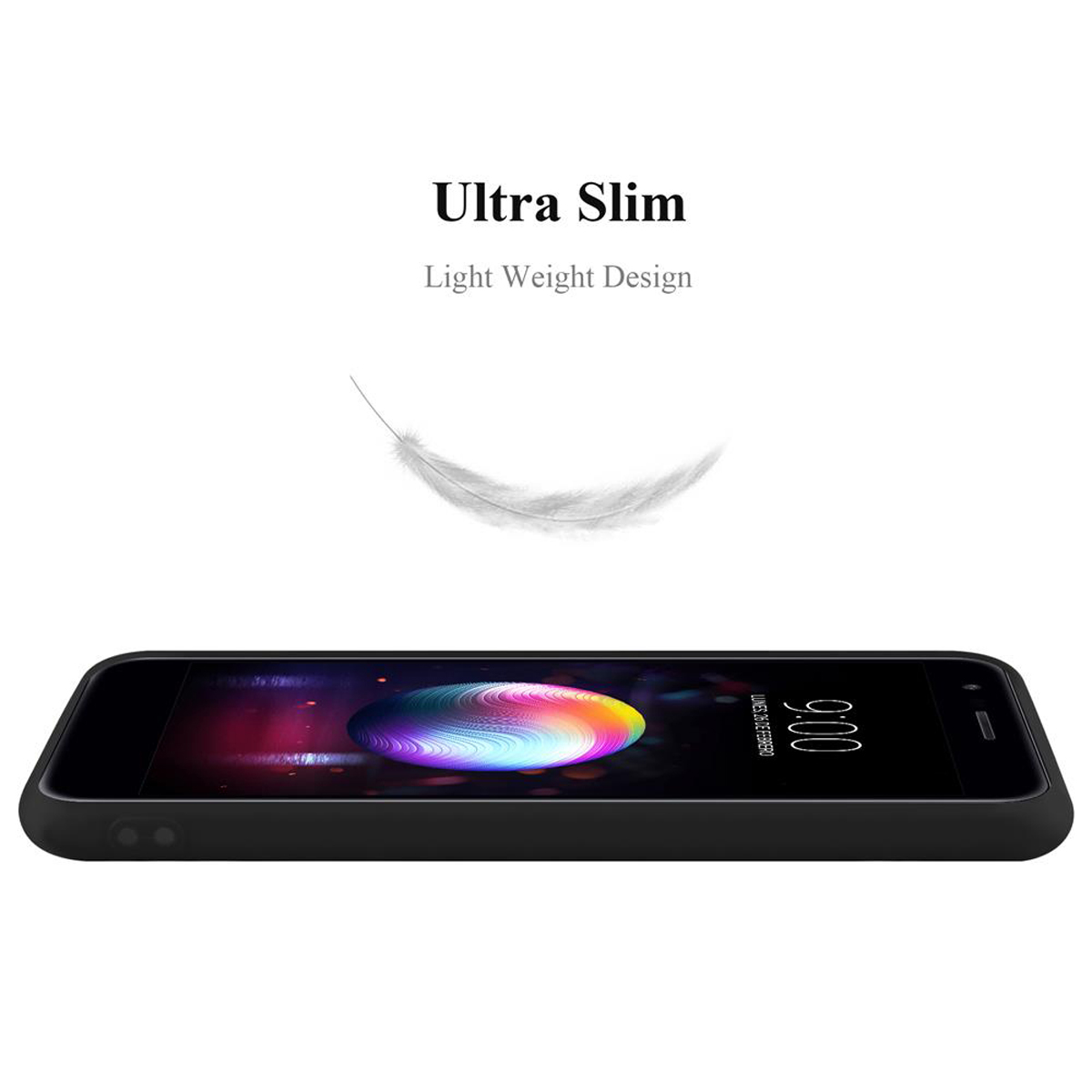 Custodia per telefono nera, vista laterale, con una piuma. Testo: Ultra Slim, Design leggero.