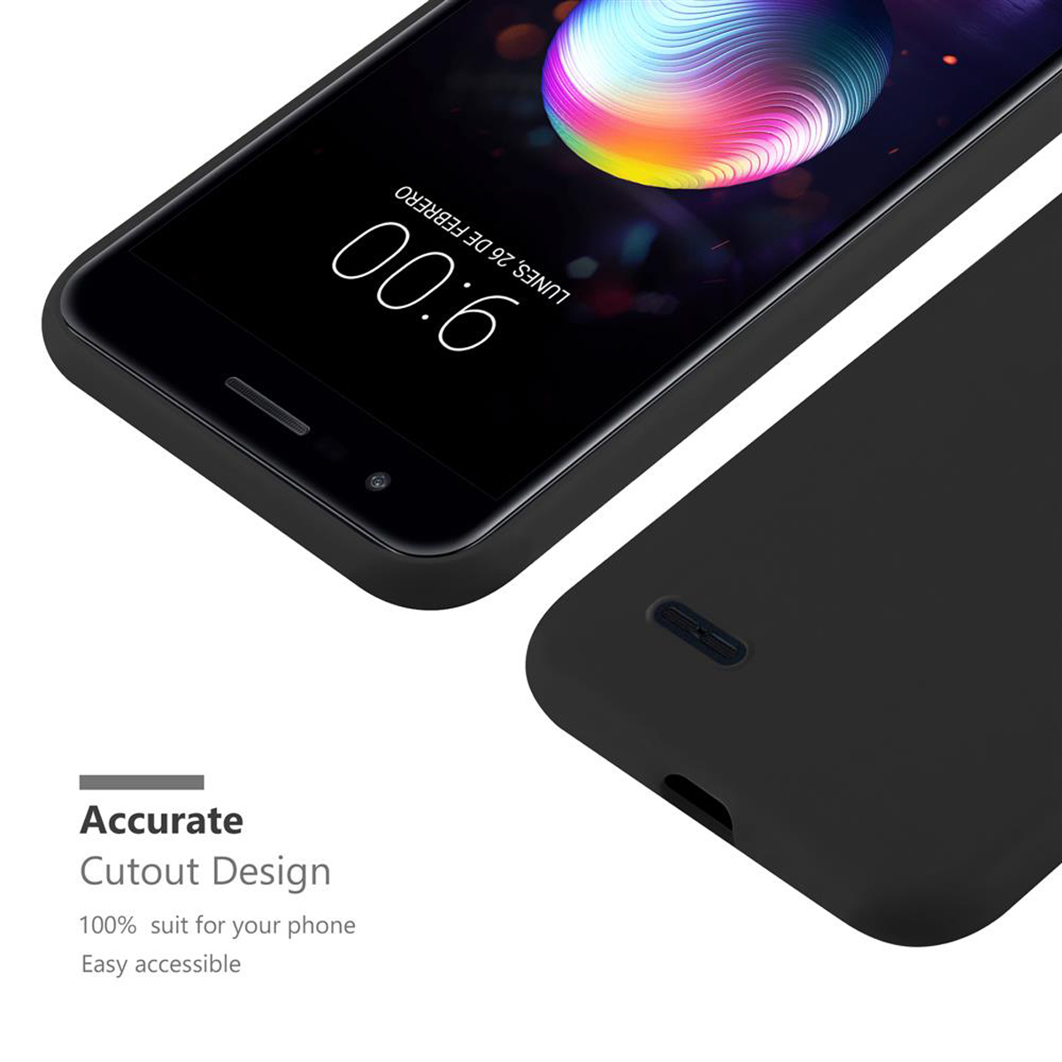 Telefono nero con schermo curvo e custodia nera. Testo sottostante: Design ritagliato preciso.