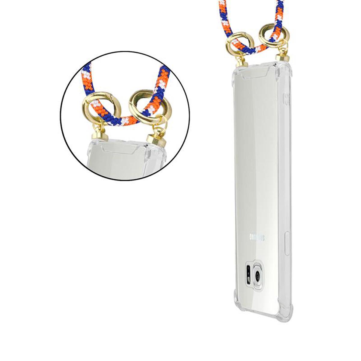 Custodia trasparente con cinturino colorato. Il cinturino è arancione, bianco e blu. Primo piano di cinturino e telefono.