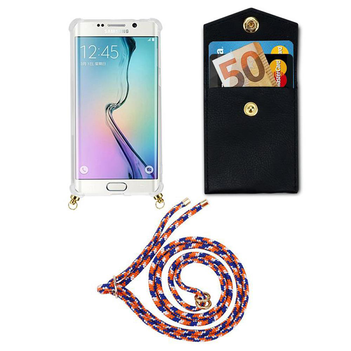 Telefono con custodia e cordino, portafoglio nero con carte. Sfondo bianco.